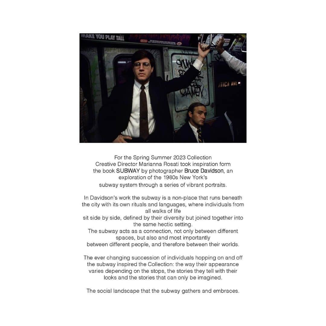 ドロームさんのインスタグラム写真 - (ドロームInstagram)「One of the main inspirations of the Spring Summer Collection 2023 is Bruce Davidson’s photo essay and book project Subway, the result of his vivid exploration of New York's subway system in the 1980s.   "I wanted to transform the subway from its dark, degrading, and impersonal reality into images that open up our experience again to the color, sensuality, and vitality of the individual souls that ride it each day.”  #dromeinspo #dromeofficial」4月12日 2時52分 - drome_official