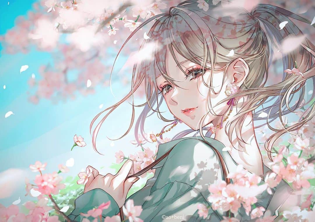 青十紅のインスタグラム：「桜散る.｡:.ﾟஐ🌸⋆*  #春 だね   . .. ... #myoc #oc #art #illustration  #drawing #kawaiiart #artlovers  #イラストレーター  #イラストグラム #イラストレーション  #春カラー #透明感 #桜 #イラスト好きな人と繋がりたい」