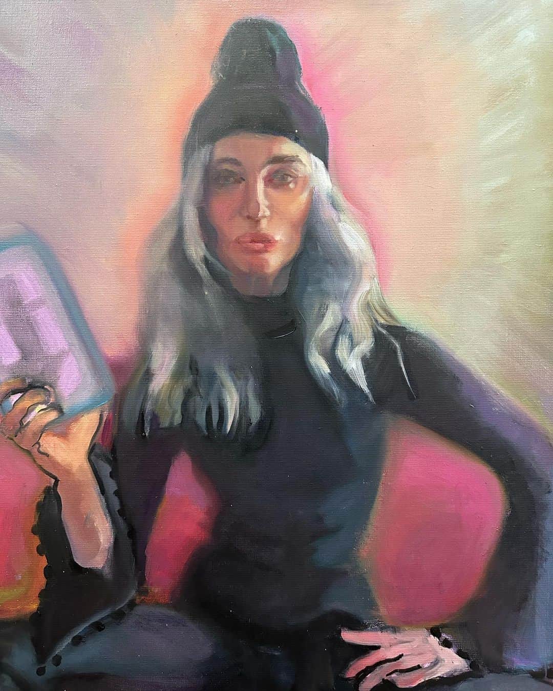 ヨアナバラシーのインスタグラム：「The hang man - work in progress -scroll for detail and full painting - oil on linen mounted on board 18”x24” - in tarot the hang man in a symbol of change , so I am starting a new series more playful but no less sincere . #contemporarypainting #contemporaryartist #portraiture #fineart#artcollector #pickoftheday」