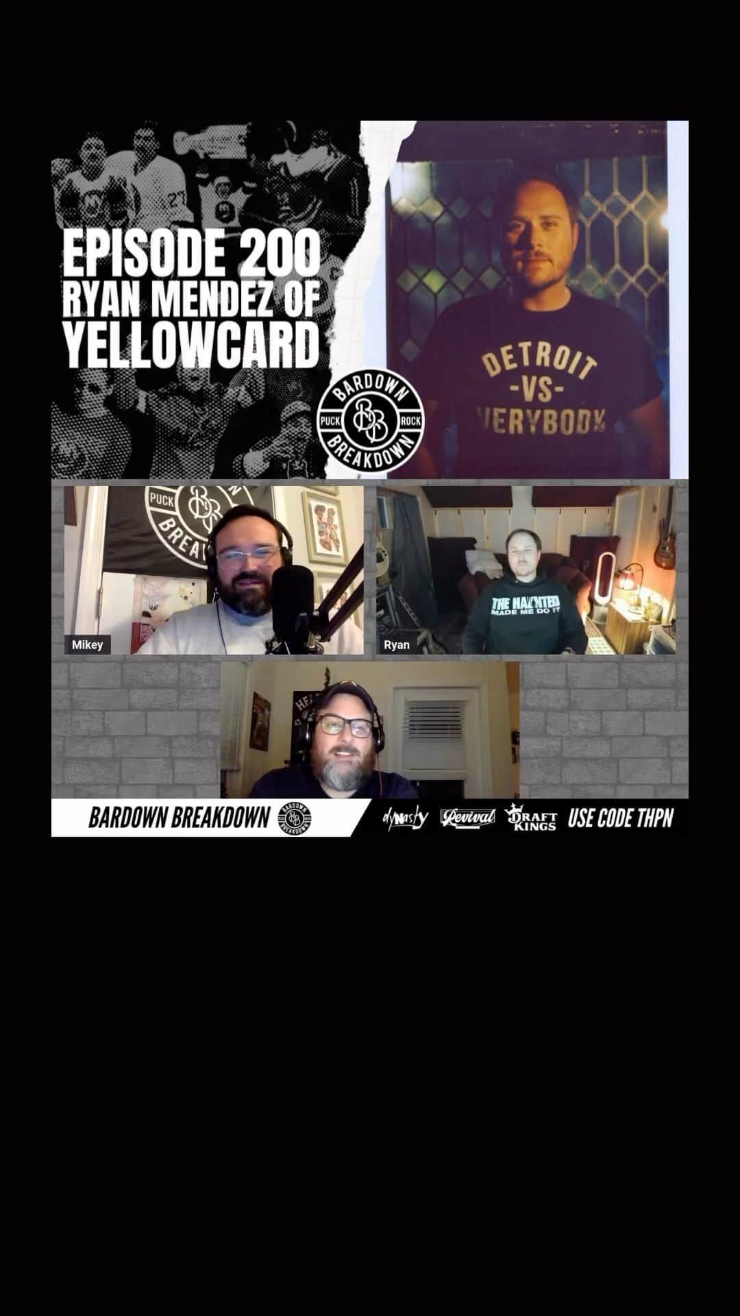 Yellowcardのインスタグラム：「Episode 200 of @bardownbreakdown feat @ryanmichaelmendez from the band @yellowcard is OUT NOW!!!   Check it out on your favorite podcast app!! . . . #yellowcard #emonight #emonite #emo #poppunk #punk #podcast #podcastersofinstagram #instagood #outatime #oceanavenue #hopelessrecords #nhl #redwings #detroitredwings」