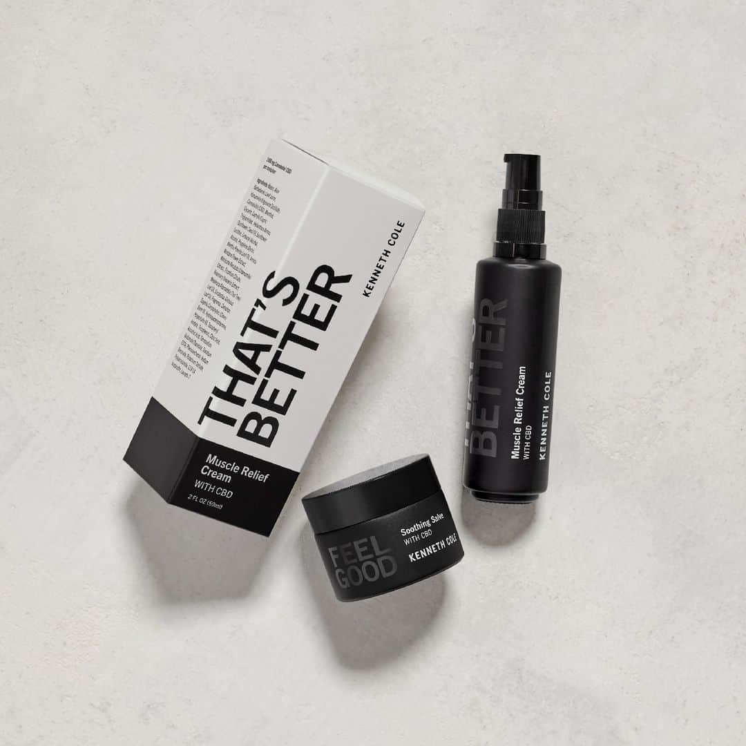 ケネスコールのインスタグラム：「Post-workout soreness or everyday tension, our CBD salve and muscle relief cream are the ultimate tag team for your muscles!   Our CBD duo both contain soothing and anti-inflammatory ingredients like: Menthol Tea Tree Oil Camphor Oil Shea Butter Grapeseed Oil  Peppermint Oil Arnica Extract  Chamomile  Rosemary Extract   Click the link in our bio to shop.   #KennethCole #CBDSkincare #MuscleRelief」