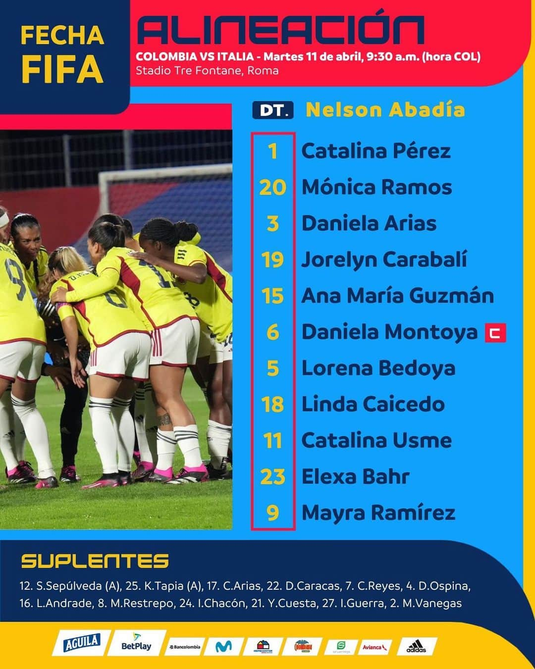 サッカー コロンビア代表チームのインスタグラム：「🚨 TITULAR  Formación de la Selección Colombia Femenina de Mayores para enfrentar a Italia.  #TodosSomosColombia 🇨🇴」