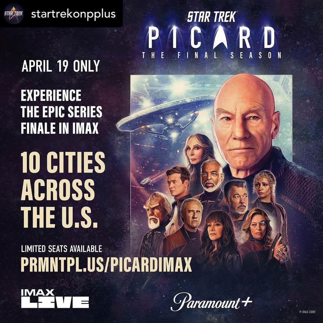 ジェリー・ライアンのインスタグラム：「I don’t know, seems like a big deal maybe…? 🖖🏼 @startrekonpplus In @IMAX on April 19 only, see the final two episodes of #StarTrekPicard back to back, plus a livestreamed Q&A with members of the cast! Seats available starting Wednesday at 10am PT.」