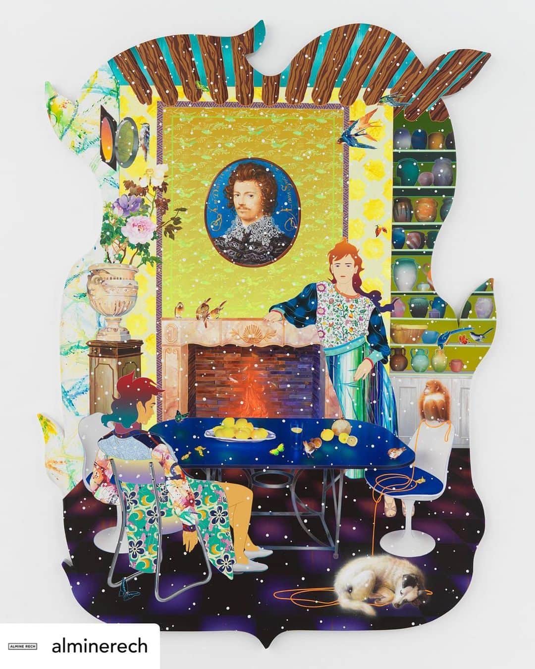 松山智一のインスタグラム：「#repost @alminerech  Almine Rech London is pleased to present “Episodes Far From Home”, a solo exhibition by Tomokazu Matsuyama and his first with the gallery, on view from April 20 to May 20, 2023.  •  If you could read a pattern like a page in a book, the intricate textiles and wallpapers in Tomokazu Matsuyama’s paintings would speak volumes. Colorful motifs crowd the dense, graphical surfaces of his works, forming garden vistas or intimate boudoirs. Their origins are eclectic: a luscious floral might be drawn from a print by 19th century British designer William Morris or from an Edo Period kimono.  — Evan Moffitt, writer, editor and critic @evanpmoffitt   •  ‘Winter Song Solitudes’, 2023  Acrylic and mixed media on canvas  190.0 x 261.4 cm  74.8 x 103 in Photo: Matt Grubb  •  #TomokazuMatsuyama #EpisodesFarFromHome #AlmineRechLondon #AlmineRech #London」