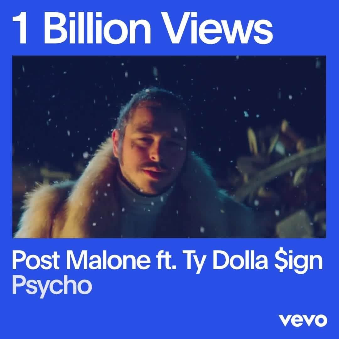 Vevoのインスタグラム：「Welcome to the Billionaires Club! @PostMalone's "Psycho" ft. @TyDollaSign officially hit 1 Billion views five years after its premiere.」
