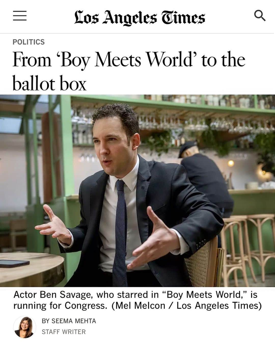 ベン・サヴェージのインスタグラム：「Great chatting with the LA Times about the need for new and positive leadership in Congress」
