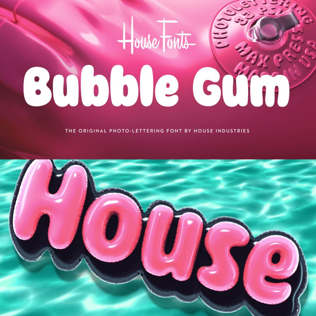 のインスタグラム：「Plinc Bubble Gum by House Industries is a juicy multi-dimensional gob of goodness bursting at the seams with loads of alphabetic appeal. Its well-padded figure transforms the ample letterforms found in classic comic strip word balloons into a warm and casual display font with a little extra kick.  Cooked up by Dave West for Photo-Lettering, Inc. between the late 60s and early 70s, Bubble Gum was finally digitized by Jess Collins in 2011. Explore on MyFonts 💗」