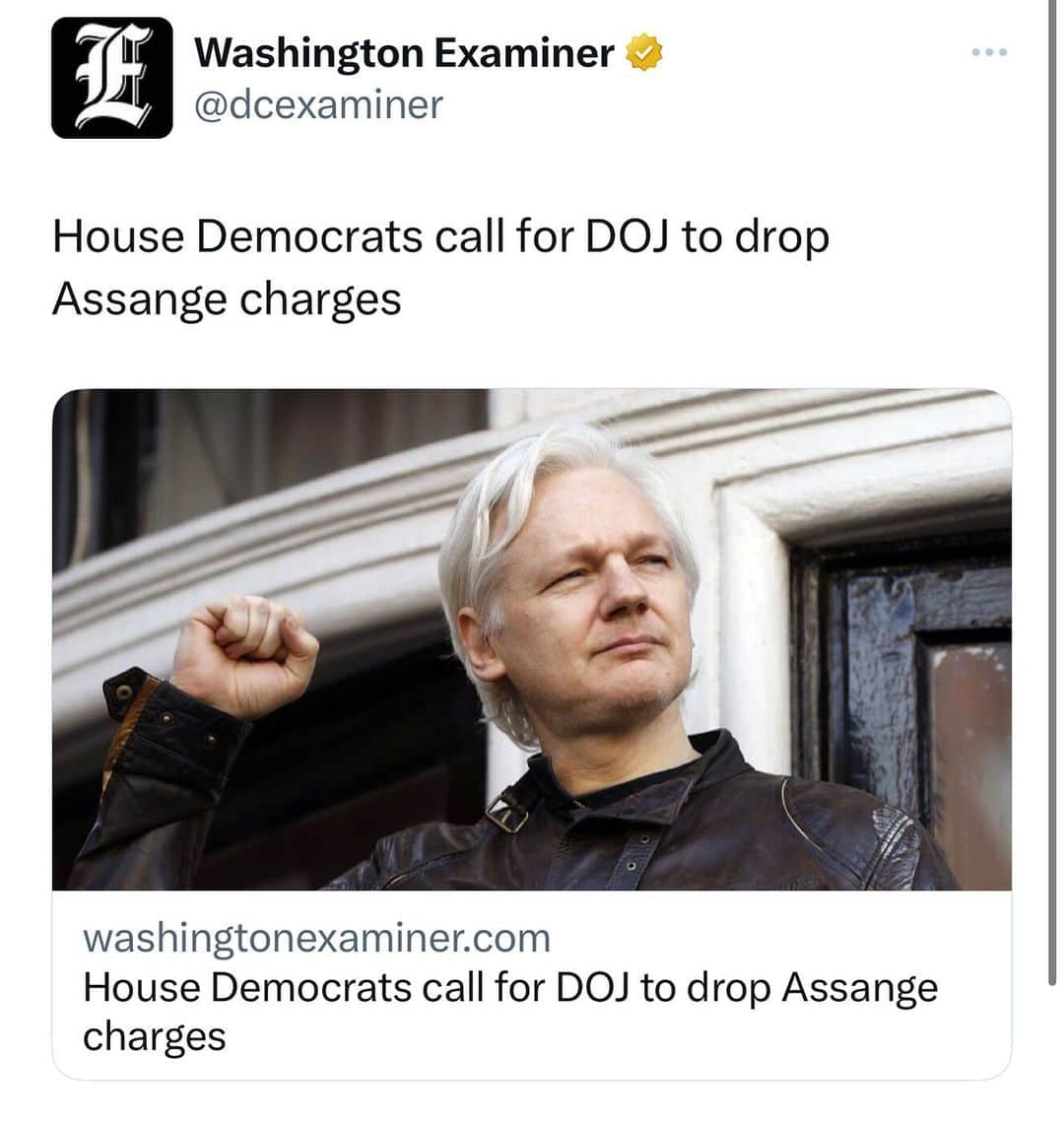のインスタグラム：「A group of Democratic lawmakers sent a letter to Attorney General Merrick Garland on Tuesday asking him to drop the 18 charges against Australian Wikileaks founder Julian Assange.  The Democratic House members argued that the charges against Assange “pose a grave and unprecedented threat” to press freedom and the First Amendment.」