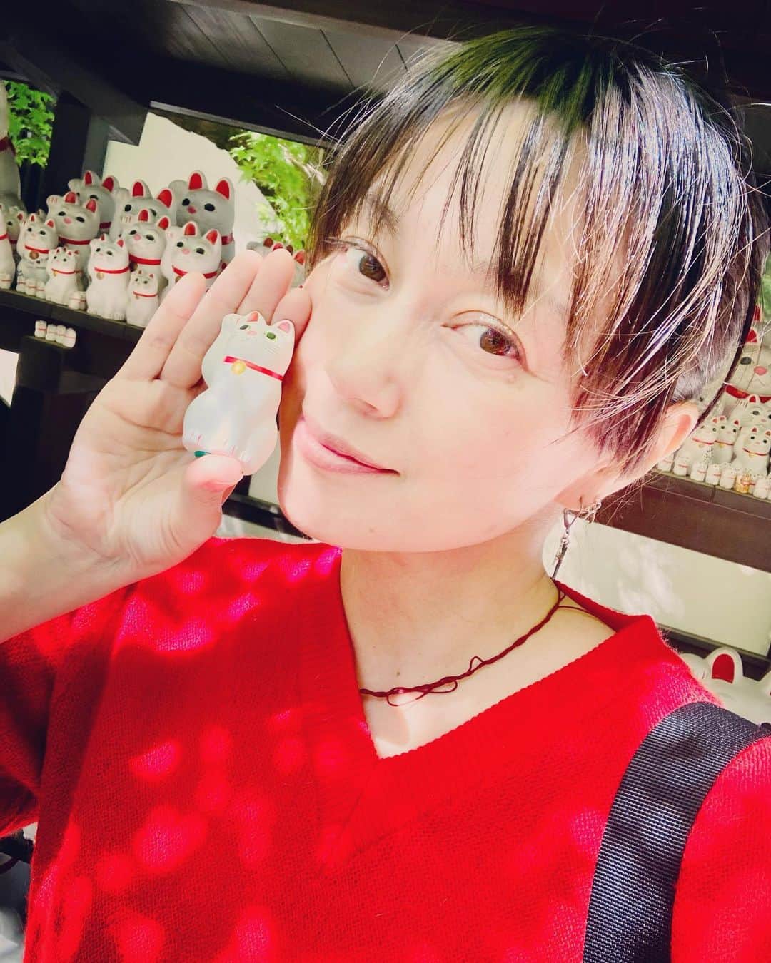 佐伯日菜子のインスタグラム：「ずっと行きたかった猫さんの神社行ってきたよ。 ネコーズと私の健康と幸せをお祈りしてきました。 招き猫は夢が叶った時にドンドン大きくしていくそうです。 私より大きい招き猫を手に入れられるといいな！ #招き猫  #豪徳寺 #猫 #cat  #beckoningcat」