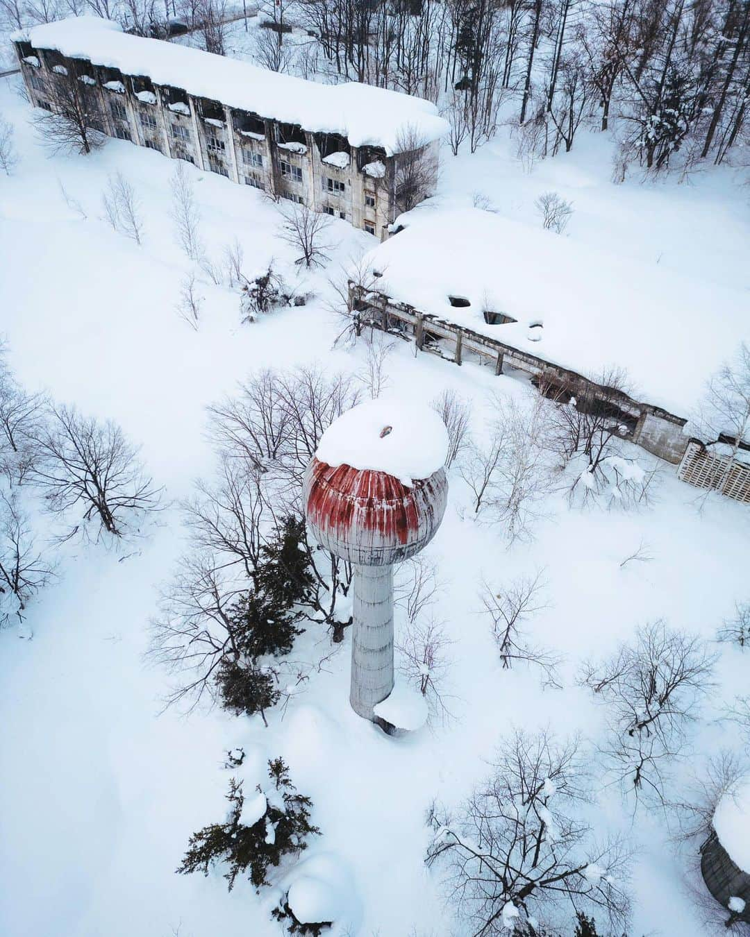 啝 （わ）のインスタグラム：「blanket of snow 𓆲 𓆲 𓆲 #_passion_urbex_ #abandon_seekers_ #abandoned_addiction #abandonedcreeps #all_is_abandoned #ascosi_lasciti #decay_explorers #discarded_butnot_forgotten #fadedbeautyindecay #global_urbex #gloriousdecay #grime_lords #ig_urbex #lonely_and_abandoned_2 #masters_in_decay #nature_takes_over #raw_abandoned #rsa_preciousjunk #t_m_u_c #urbex_utopia #urbex_wereldwijd #urbexhero #world_wide_urbex #廃墟 #廃墟写真 #廃墟美 #ドローン #dronephotography」