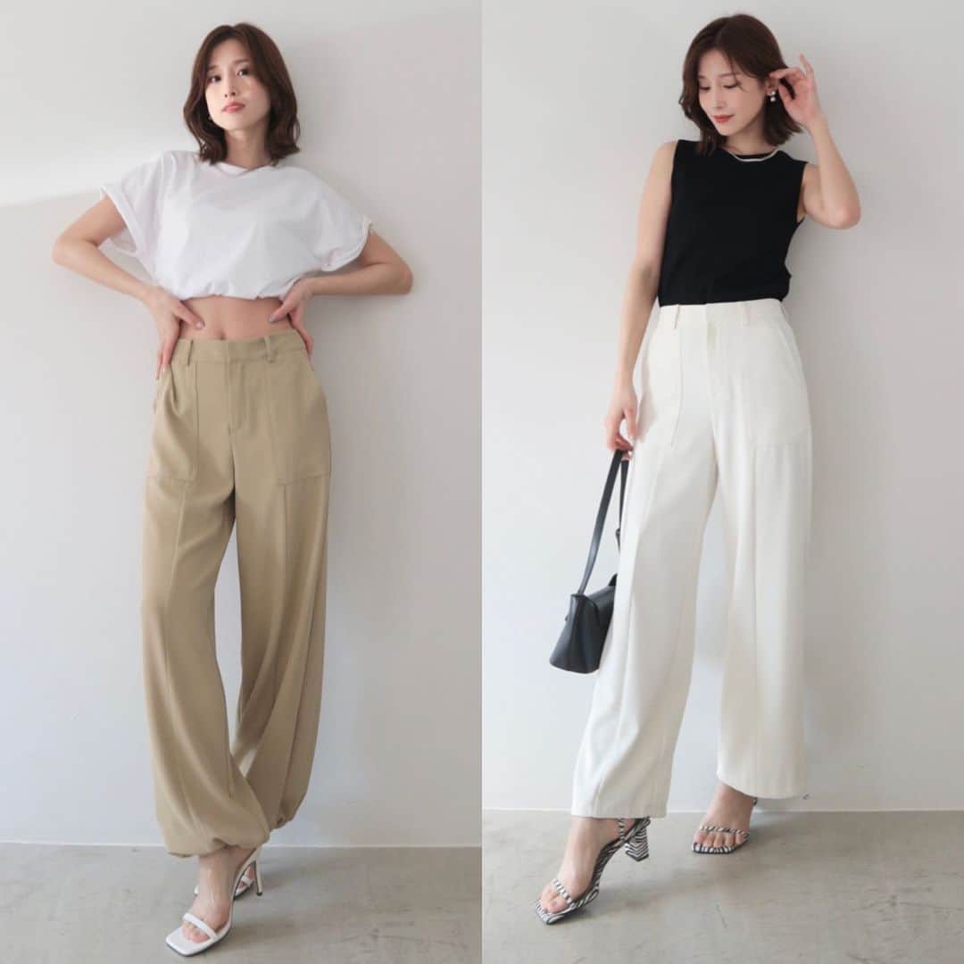 デュラスアンビエントのインスタグラム：「#ドローストリングパンツ <Ivory, Olive, Black> 【4/17(MON)20:00-】  大人の余裕を感じられる、トレンドのワークパンツが到着。  落ち感のいいサラリとしたとろみ生地が、動く度たおやかに揺れ、カジュアルな面持ちの中に女性らしさが香ります。  裾に向かってワイドなシルエットですが、紐を絞ればシルエットの調節も思いのまま。  落ち着きのあるオリーブカラーを差し色に加えた３色展開。  洒落っ気たっぷりな大人なパンツを、この春ワードローブに迎えてみては。  ＿＿＿＿＿＿＿＿＿＿＿ ✔︎ @ambient_styling #AMBIENT #ambient_official #ambientstyle #アンビエント」