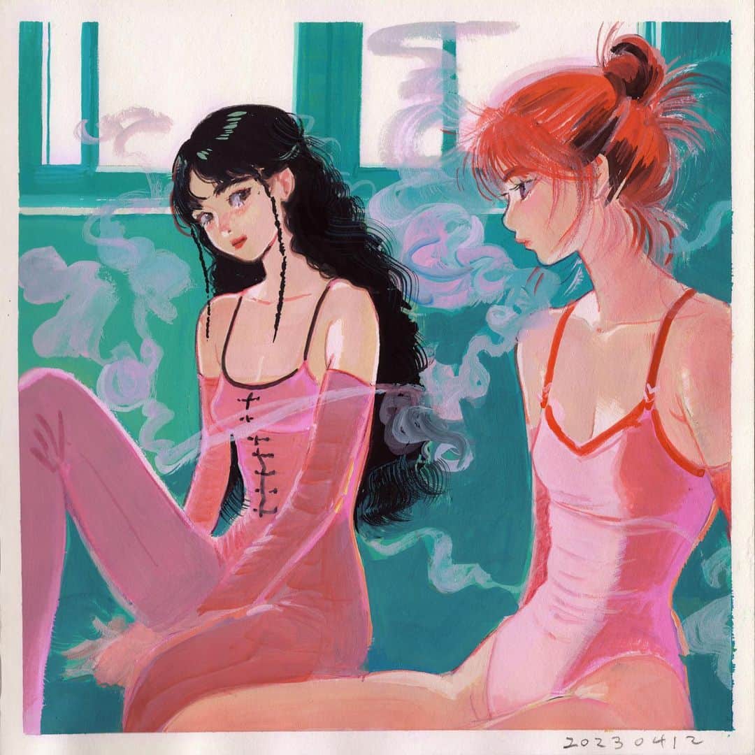 門小雷のインスタグラム：「𝐏𝐈𝐍𝐊 𝐒𝐌𝐎𝐊𝐄  Gouache  LT Sketchbook 2023/005」