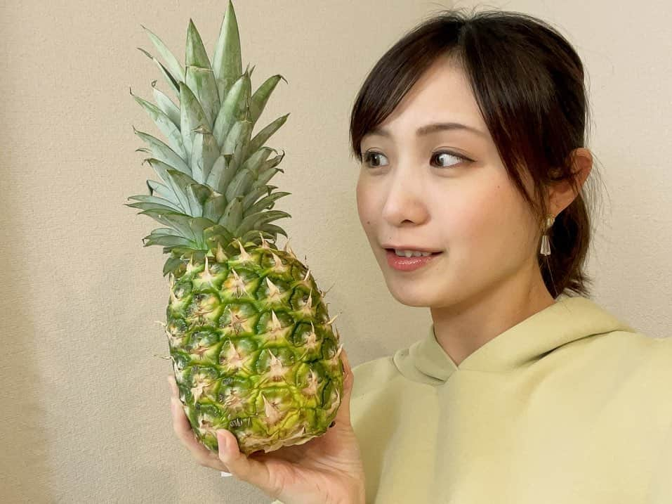 南條早紀のインスタグラム：「【まるごと🍍】  スーパーで売られていた 丸ごとパイナップル😳🍍  その存在感に惹かれ、 「わ〜😍めっちゃ南国〜🏝️」（語彙力） と思って、値段を見たら なんとびっくり税抜198円🫢  これは買うしかないでしょ〜！と、 自宅に連れて帰ってきました🍍  まるごとのパイナップルを捌く（？）のは初めて！ 色々調べながら なんとか形になりました🤩  そんなに大きくないし、 芯も皮も厚いだろうし、 食べるところ少ないだろうなぁ〜 と思っていたら、 数日間はパイン祭りを開催できそうなくらい実がたっぷり❤️  いやぁ〜これはいいお買い物ができた🤩笑  ビタミンC豊富でっせ〜！って感じの 爽やかな甘さ🍍 たまりませんなぁ☺️  今度はパラソルが刺さった パインジュースみたいなカットもしてみたい🍍🏝️⛱️笑  みなさんはパイン、お好きですか？ 丸ごとパイン、初心者でも簡単にカットできたので 見かけたらぜひ🥰  #パイナップル #パインアップル  #パイン #パイナポー #pineapple #dole #sweetio #南国 #南国気分 #南国チャージ  #果物 #果物大好き #フルーツ #フルーツカッティング  #お買い得 #節約主婦 #万歳  #アナウンサー #フリーアナウンサー #なんじょうのにちじょう #🍍」