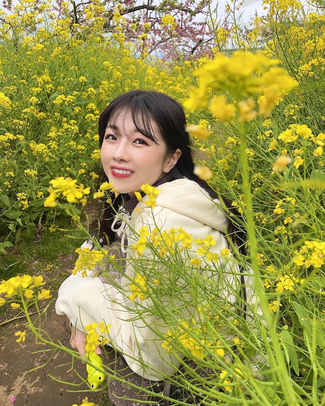 のインスタグラム：「菜の花に囲まれた日🌿 自然いっぱいのところやっぱり好きだなぁ🫣 落ち着きます🤭🤍 手にかえるがいるの気づいた？？🐸」