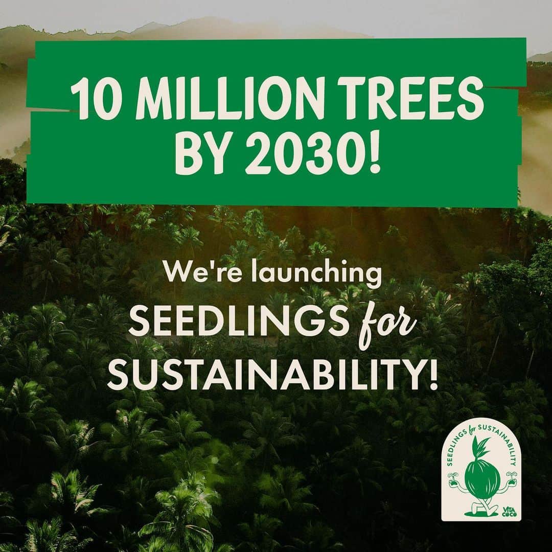 Vita Coco Coconut Waterのインスタグラム：「🆕 Announcement! We're always seeking out ways that we can support people and the planet with our products, which is why we're very excited to share that we're launching a new commitment that supports both. Meet: Seedlings for Sustainability 💚   Our goal is to distribute 10 million seedlings and trees by 2030.    And together with our partners at HOPE, Silvermill Foundation, and @arbordayfoundation, we plan on reforesting communities around the world. This means replacing aging coconut trees and providing access to more green spaces in neighborhoods. The effect? Supporting our coconut farmers across the tropics with extra income and restoring communities across the United States. Learn more using the link in bio.」