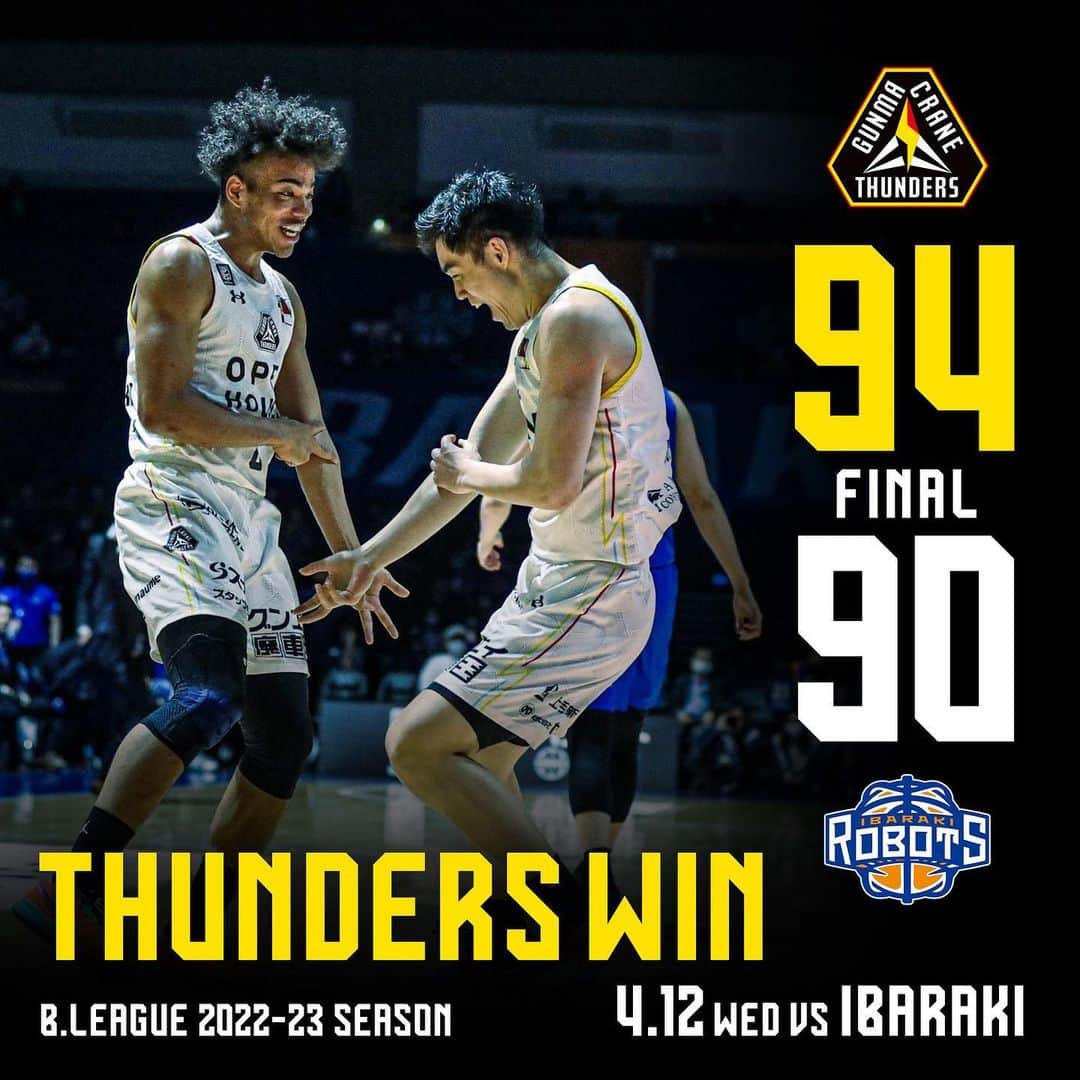群馬クレインサンダーズのインスタグラム：「【4Q END】 94点 #群馬クレインサンダーズ 90点 #茨城ロボッツ  #バスケットLIVE で配信📡 ▶️ is.gd/isNgXP  連敗脱出‼️✨ 最後まで全員がハッスルして掴み取った勝利😭 たくさんの応援ありがとうございました！ いよいよ次は #オプアリ⚡️⚡️  #ONE #Bリーグ」