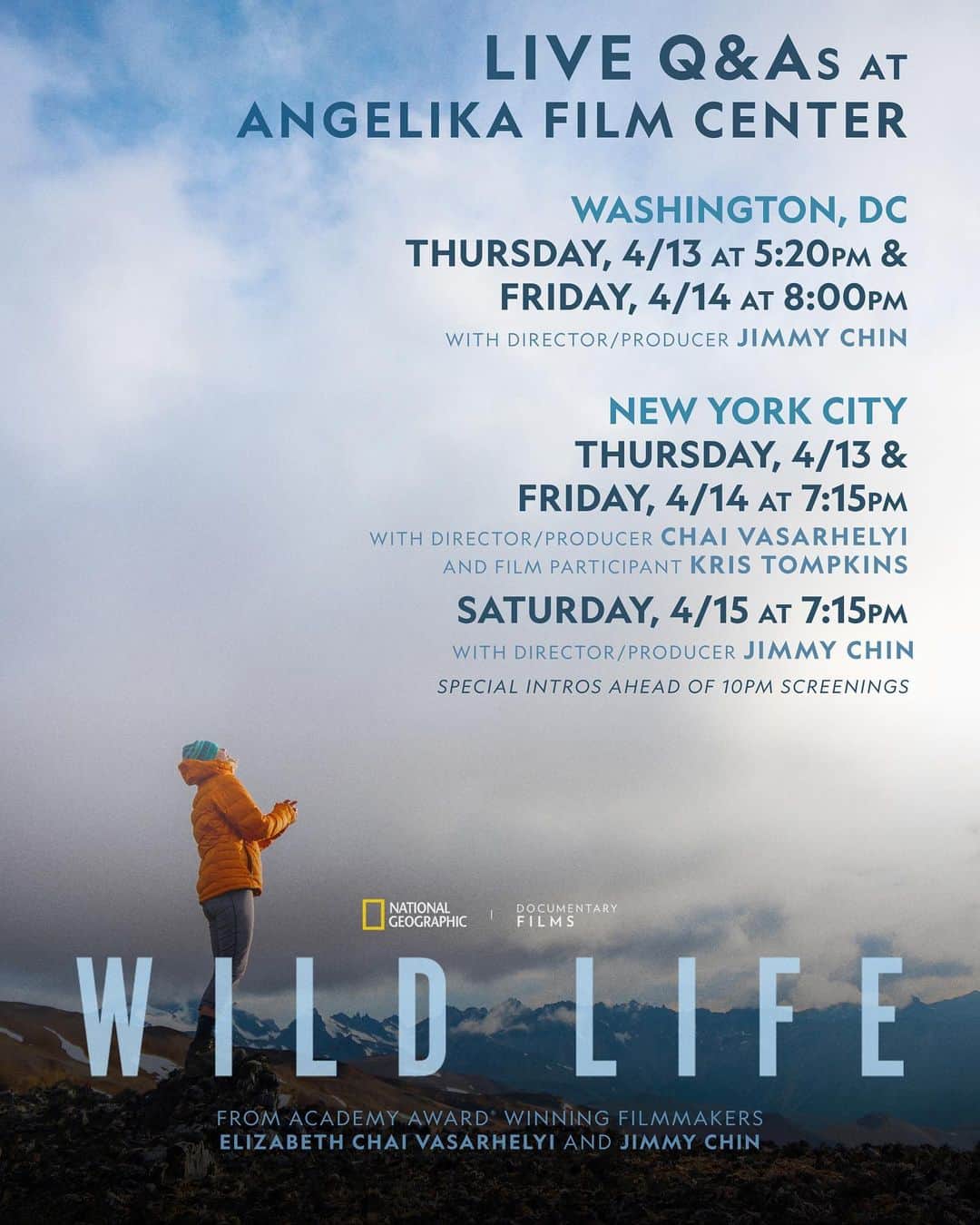 のインスタグラム：「Wild Life opening in NYC and DC! Hope to see you there…  @chaivasarhelyi and I are incredibly excited to share our latest film - WILD LIFE - with you all soon!  The film follows conservationists @Kristine_Tompkins and Doug Tompkins on an epic, decades-spanning love story as wild as the landscapes they dedicated their lives to protecting. Along with @rickridgeway and Yvon Chouinard, this tight knit group of the original dirtbag climbers, skiers and surfers defined a way of life and the ethos for the outdoor adventure and climbing worlds.  Wild Life explores the power of love, life long friendships forged in the mountains, finding meaning and how we choose what to hold dear.  Here are some of the landscapes contained in the 15 million acres @Tompkins_Conservation has helped protect and preserve. Doug and Kris' efforts have culminated in the biggest private land donation in history. They created or expanded 17 national parks in their 25 years of conservation work. Their rewilding efforts, now continued by Rewilding Argentina and Rewilding Chile, are continuing to reintroducie threatened species into these incredible landscapes.   Wild Life will be showing in select theaters around the country starting April 14th. Stay tuned for more…」