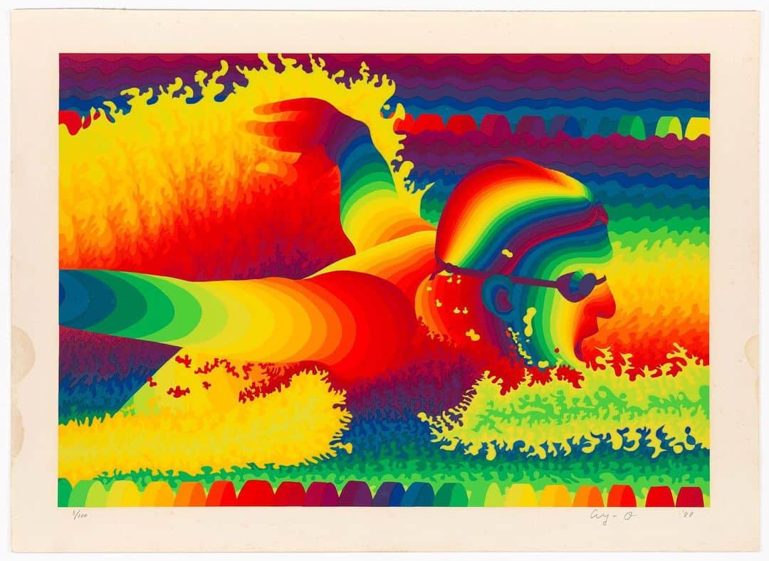 のインスタグラム：「Splash into prismatic color with this silkscreen by artist Ay-Ō. Drawn to exploring the full visible light spectrum, Ay-Ō's art invites viewers into his "rainbow hell."   Our @natasianart presents this and over 80 works in the first museum exhibition in the U.S. of Ay-Ō’s work. "Ay-Ō’s Happy Rainbow Hell" is on display through September 10, 2023, as part of the museum's centennial celebration. #happyrainbowhell   "Butterfly," Ay-Ō (b. 1931), Japan, 1988, silkscreen; ink on paper / National Museum of Asian Art, Smithsonian Institution, Arthur M. Sackler Gallery, The Pearl and Seymour Moskowitz Collection, S2021.5.5 ©Ay-Ō」