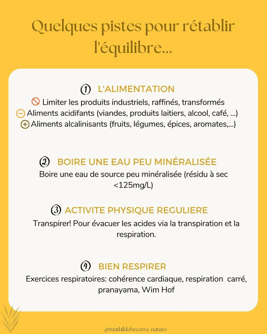 マチルド・ベセーラさんのインスタグラム写真 - (マチルド・ベセーラInstagram)「L’équilibre acido-basique: c’est la BASE, et on en a tous plus ou moins entendu parlé (flashback du collège 😉) !   ➡️ Notre corps est en recherche constante d’équilibre, c’est ce qu’on appelle l’homéostasie ⚖️   ➡️ Si l’équilibre est rompu de façon chronique, c’est la porte ouverte aux troubles chroniques et maladies 🤒   🫵🏼 Comment tu te sens dans ton corps ? Est-ce que tu as remarqué certains des signes évoqués ? Si oui, pas de panique ! Au vu de notre société actuelle, c'est normal, nous sommes tous plus ou moins acidifiés 🥴  ➡️ Comprendre le corps, savoir déchiffrer les signaux d’alarme qu’il exprime par le biais de symptômes, et ainsi l’aider à mieux fonctionner : c’est ce que je t’explique lors de mes consultations, afin de te rendre autonome et responsable de ta santé 🙏🏻🌿  #naturopathie #equilibreacidobasique #pH #acidose #acification #naturopathe #santé #alimentation #medecinedouce #medecinealternative #prevention」4月13日 0時34分 - mathildebecerra
