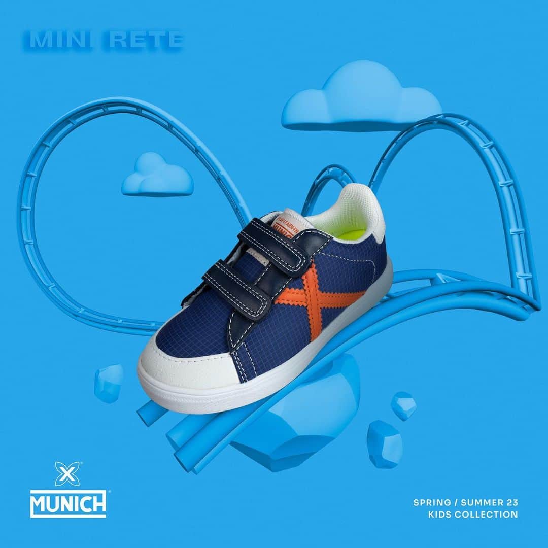ミュニックのインスタグラム：「Para que correr siempre sea divertido, la MINI RETE es la adaptación de la sneaker de tenis con la que no podrás sacar a lxs peques del parque🎢  #MunichSports #MunichKids #ss23 #sneakers #play」