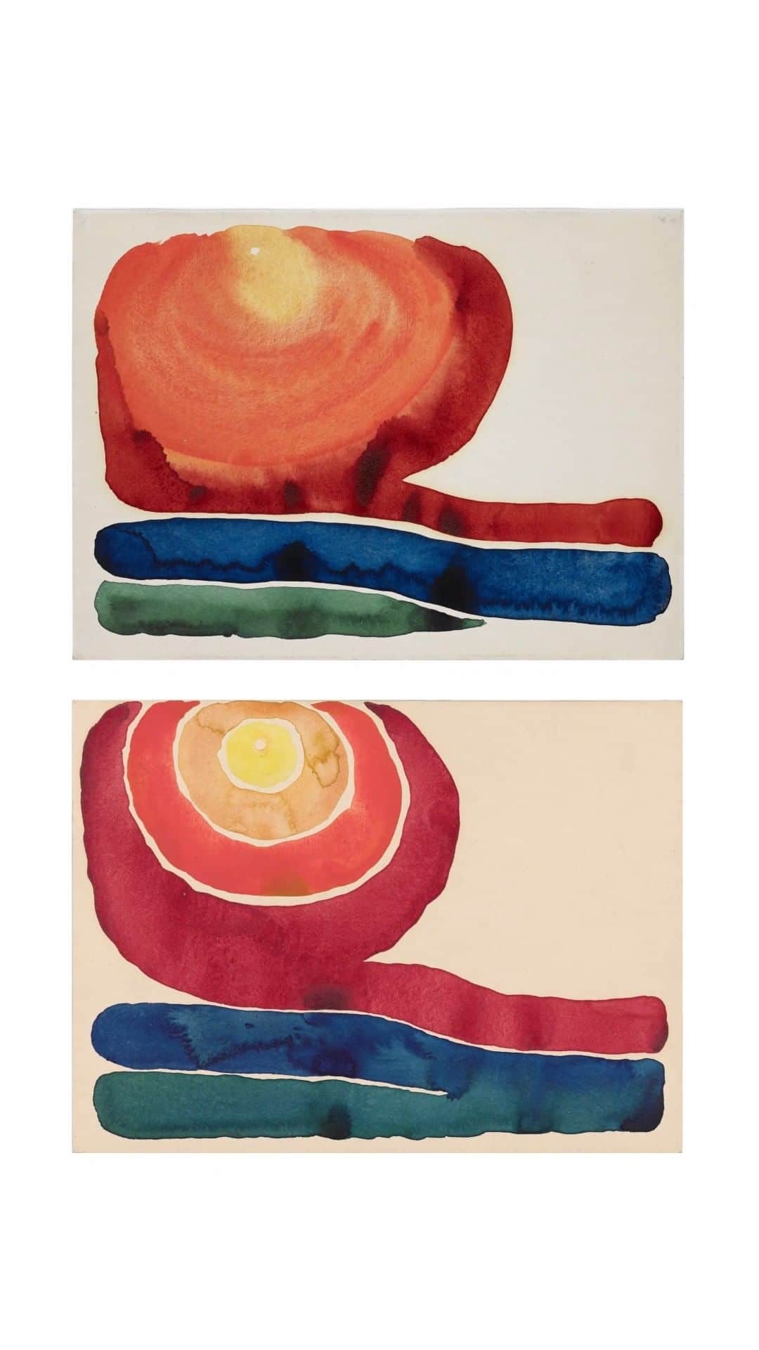 ニューヨーク近代美術館のインスタグラム：「“The evening star would be high in the sunset sky when it was still broad daylight,” O’Keeffe recalled of her experience of awe at the Texas firmament. “That evening star fascinated me.”  In this sequence of watercolors, she merges subject, material, and technique: tracing a sunset from an allover expanse of wet-on-wet color to distinct bands of pigment separated by passages of paper and back to fuzzy dissolution.  In #ToSeeTakesTime, a new exhibition on view now, many of O'Keeffe's series of works on paper are reunited, along with key paintings, illuminating the artist's process and inviting us to take time to look. Link in bio to learn more and plan your visit.」