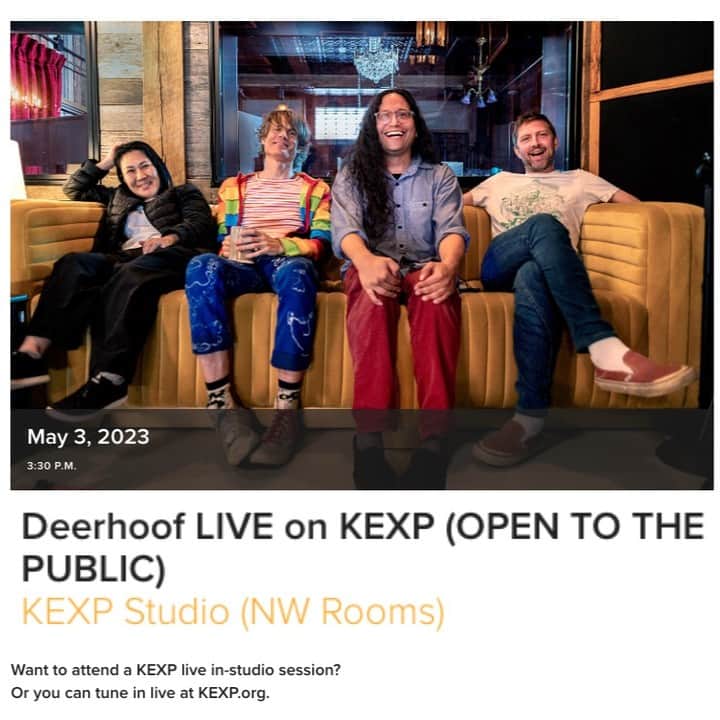 のインスタグラム：「We just set up a live session on @kexp ! We'll be playing at @neumos_ on May 4th but they'll be accepting 70 guests at this session on May 3rd if you want to check out a few songs early! From their site - if you would like to attend the KEXP Live In-Studio performance, you must register in person at KEXP. Registration is available beginning 90 minutes prior to public sessions, and is free of charge. Performance at 3:30pm.」