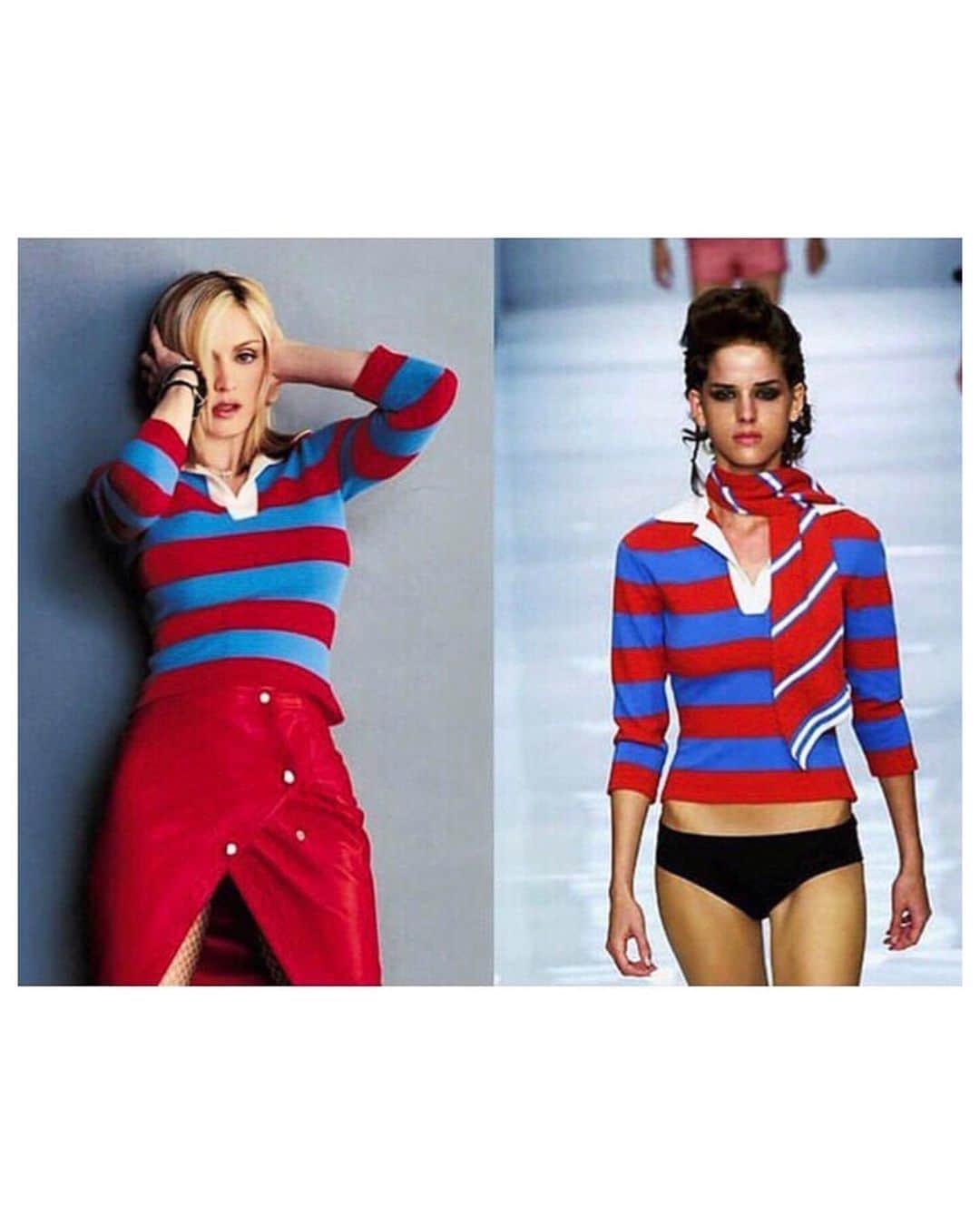 クレメンツリベイロのインスタグラム：「Adventures of our Rugby Sweater in pure Scottish cashmere. On Madonna for Arena Homme+ - on the catwalk SS2001 - on Sarah Jessica Parker in Sex and the City - on Kylie Minogue - and our current version 💙❤️💙❤️ #clementsribeiro #cruise23 #cashmerejoy #madeinscotland #rugbytop #madonna #sarahjessicaparker #kylieminogue」