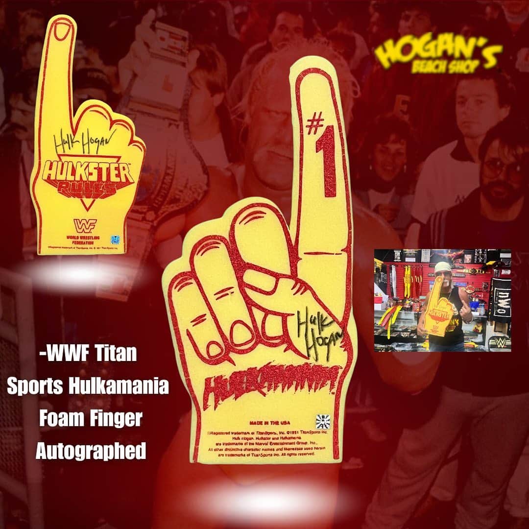 ハルク・ホーガンのインスタグラム：「WWF Titan sports Autographed Hulkamania Foam Finger☝️. Available Now on @hogansbeachshop Website or in store… #hulkamania   🌐Link: https://hogansbeachshop.com/products/wwf-titan-sports-autographed-foam-finger」