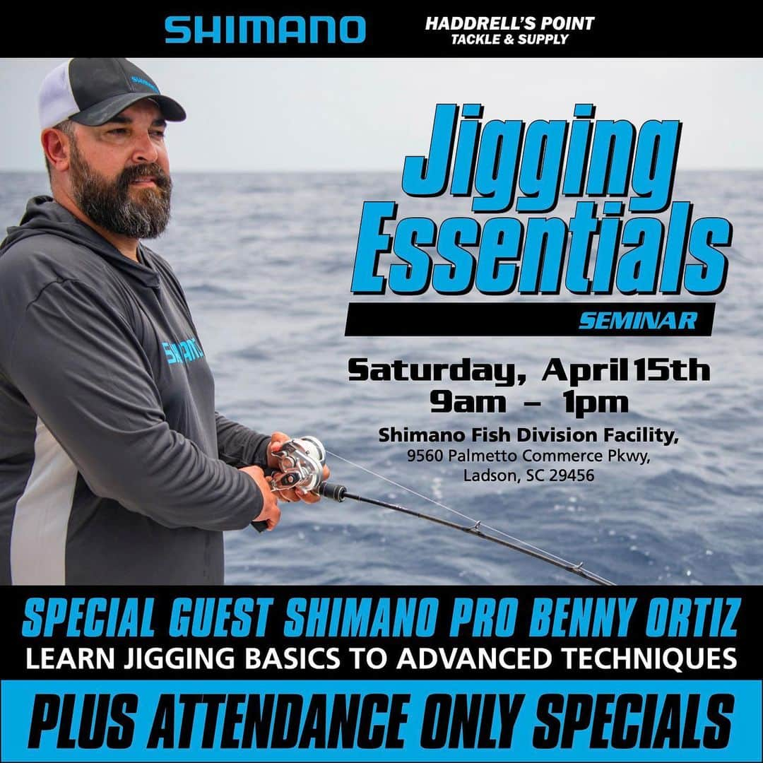 シマノ｜Fishingのインスタグラム：「SHIMANO JIGGING ESSENTIALS SEMINAR.  Join the Shimano team this Saturday, April 15th from 9am to 1pm at the Shimano Fish Division Facility in Ladson, SC for the ultimate education in saltwater vertical jigging.  Hosted in collaboration with @haddrellspoint_tackle, the event will be headlined by special guest Shimano Pro @mrbennyortiz, covering everything from the jigging basics to advanced techniques.  Experience the evolution of the Shimano brand on-site, take a deep dive into product history and enjoy attendance-only specials on reels, jigs, line and more.   Call the shop at 843-881-3644 to reserve your spot today.  Address: Shimano Fish Division Facility  9560 Palmetto Commerce Pkwy Ladson, SC 29546  #FishShimano #ShimanoSchool #Jigging #VerticalJigging #ShimanoPRO #HaddrellsPointTackle #SaltwaterFishing」