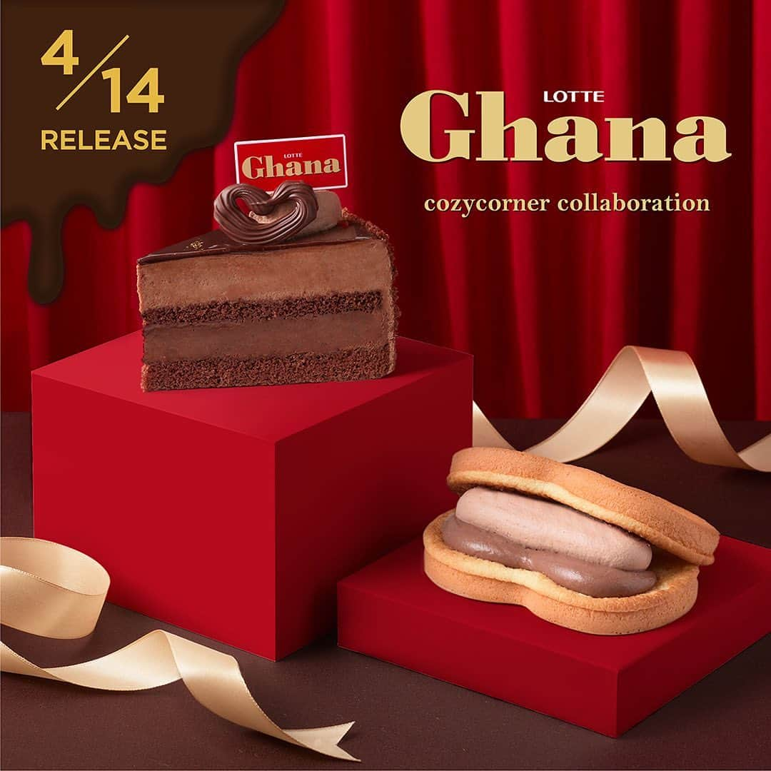 銀座コージーコーナーのインスタグラム：「🍫100%「ガーナ」*なチョコスイーツが4月14日（金）発売🍫  「ガーナ」とのコラボを待っていた方は、「🍫」をコメントして教えてください♪ 期間限定コラボ商品なので、忘れないように「保存」しておいてくださいね👀  ❤️＜ガーナ＞リッチチョコケーキ🍫 ガーナチョコレートのカカオとミルクのバランスはもちろん、とろける口どけもケーキで表現しました🤎 上段のムースにはミルク感の効いたコクのある味わいの「ガーナミルクチョコレート」を、下段のムースにはカカオの芳醇な香りとすっきりとした後味の「ガーナブラックチョコレート」を使用。 仕上げにパリッとした食感がアクセントの「ガーナリップル」も飾り、まさに“ガーナづくし”のチョコケーキです💕  ❤️スフレワッフル（ガーナ）🍫 しっとり、ふんわり焼き上げた軽い口どけのワッフル皮に「ガーナミルクチョコレート」と「ガーナブラックチョコレート」を使用した2種のクリームをサンド。 しっとり、ふんわり食感からあふれ出す「ガーナチョコレート」を頬張る幸せをご堪能ください💖  この時期だけの100%「ガーナ」*なおいしさをお楽しみください❣️  *製品中、チョコレートはロッテ「ガーナチョコレート」100%使用  商品や店舗の詳細はプロフィールのURLから→ @ginzacozycorner  #今日のコージーコーナー をつけてスイーツ記録を投稿してくださいね🍰 こちらのアカウントでご紹介させていただくかもしれません。 🍫 🍫 🍫 #ロッテ #LOTTE #今日のコージーコーナー #銀座コージーコーナー #コージーコーナー #ginzacozycorner #期間限定 #コラボ #コラボ商品 #ガーナ #ガーナチョコレート #ミルクチョコ #ミルクチョコレート #ブラックチョコ #ブラックチョコレート #チョコレートケーキ #チョコケーキ #スフレワッフル #ワッフル #おうちカフェ #ご褒美スイーツ #手土産 #洋菓子 #ケーキ大好き #スイーツ好きな人と繋がりたい #スイーツ #スイーツ大好き #新発売スイーツ #dessert」