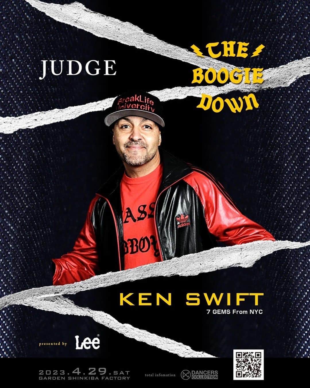 のインスタグラム：「TH BOOGIE DOWN By @leejeansjp  BREAKING BATTLE 3 vs 3  豪華なJUDGE陣をご紹介。  BREAKING シーンにおいて最重要人物の1人 ニューヨークからのレジェンド KEN SWIFT氏が約10年ぶりに来日‼️  そして脇を固める日本からのジャッジ陣も超豪華です🙌 こんなメンバーにジャッジしてもらえるのは本当に貴重な機会なので素晴らしいDJ陣の音楽とジャッジ陣に囲まれてブレイキングのバトルを楽しんで下さい🔥🔥🔥 ⁡ HIP HOP50周年イベントで全てのエレメンツを堪能できるJAM💥 ⁡ ◇日程 : 4月29日〔土〕 ◇場所 : GARDEN新木場FACTORY ◇時間 : 12:00 - 21:00〔予定〕 ◇イベント名 :THE BOOGIE DOWN ◇内容 : BREAKING BATTLE 3 vs 3 ◇優勝賞金300,000円 その他、トロフィー、協賛各社より豪華賞品 ・準優勝 : 100,000円 その他 協賛各社より豪華賞品 ⁡ ◇JUDGES ・KEN SWIFT / 7 GEMS From NYC ・KAZUHIRO / ALL AREA / O.G.S ・WATA / THE FLOORRIORZ / TAKE NOTICE ・JUST FIT / CONCLUSION CREW ・TENPACHI / BGSK / DEAD STOCK ・ISSEI / FOUNDNATION ⁡ ◇DJ’s ALL VINYL USE 〔NO PC NO CDJ〕 ・MURO / KING OF DIGGIN’ ・JIN / RHYMESTER / breakthrough ・DJ KOCO aka SHIMOKITA ・TEE / READY TO ROCK ・KOGATAROO / BREAKWELL RECORDS ・JUN aka funkyman ⁡ ◇サイドコンテンツ EAST COAST vs WEST COAST JAPAN ALL STAR’s BATTLE ★レジェンドから若手迄のオールスター対決  ◇ LEGENDS ALL STARS  ・TOKYO BBOYS  ・MYSTIC MOVERS  ・CHANNELS ・B★5 CREW  ・ B ROCK CREW ・ TOKYO BE BOP CREW ・ FLOOR MASTERS ・ ROCK STEADY CREW  ・ RAVERS  ・ JUNGLE ALL STARS ・ SPARTANIC ROCKERS ・IMPERIAL BREAK MASTERS ・AST BREAKERS ・ANGEL DUST BREAKERS ⁡ ・DJ BEAT ⁡ ◇MC LIVE / RAPPER ・TWIGY ⁡ ◇MUSIC LIVE ・SUPER BREAK ORCHESTRA ⁡ ◇LIVE PAINT ・TAKU OBATA ・TOMI-E / A.C.C.  ◇ FOOD & DRINKS ・ BAHAMA KITCHEN  ⁡ -------------------------------- ⁡ #dancerscollection #tokyo #harajyuku #streetdance #dancer #hiphop #bboy #bgirl #poppin #lockin #breakin #house #graffiti #misic #mixcd #book #original #print #stitch #accessary #order ⁡ #theboogiedown #lee #leejeans」