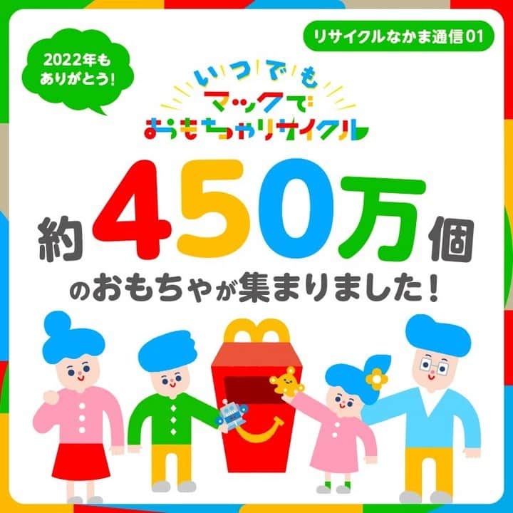 日本マクドナルド公式アカウントです。のインスタグラム：「昨年、 #マックでおもちゃリサイクル ではたくさんの「ありがとう」とともに、約450万個のおもちゃを回収することができました❗️ 2021年と比較すると、その数、約145万個増⬆️  より多くの子どもたちがリサイクルに取り組んでくれた結果だと思います✨ 「リサイクルの意味を知るいい経験ができた」など、活動に対するうれしい声も🙌  子どもたちの成長や学びのきっかけに、ぜひいつでもマクドナルドへリサイクルしに来てくださいね☺️  #リサイクルなかま通信」