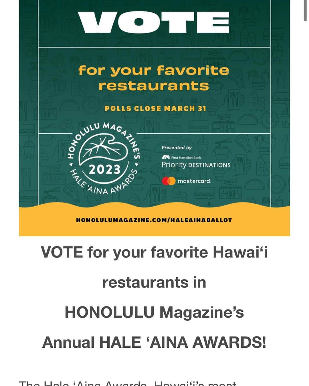Peace Cafeのインスタグラム：「Voting is now open for this year's Hale 'Aina Awards 23! Please vote for PeaceCafe as your favorite vegetarian restaurant. ❤️   🎯What a deal, if you vote by March 31, 2023, you'll be entered in a drawing to win a $250 dining voucher!🎉🍾  They ask that you vote for only one restaurant per category by filling out the fields below.  https://vote.honolulumagazine.com/  #haleainaawards #vote #hawaii #peace #vegan #honolulumagazine #awards #vegitarian #win #restaurants」