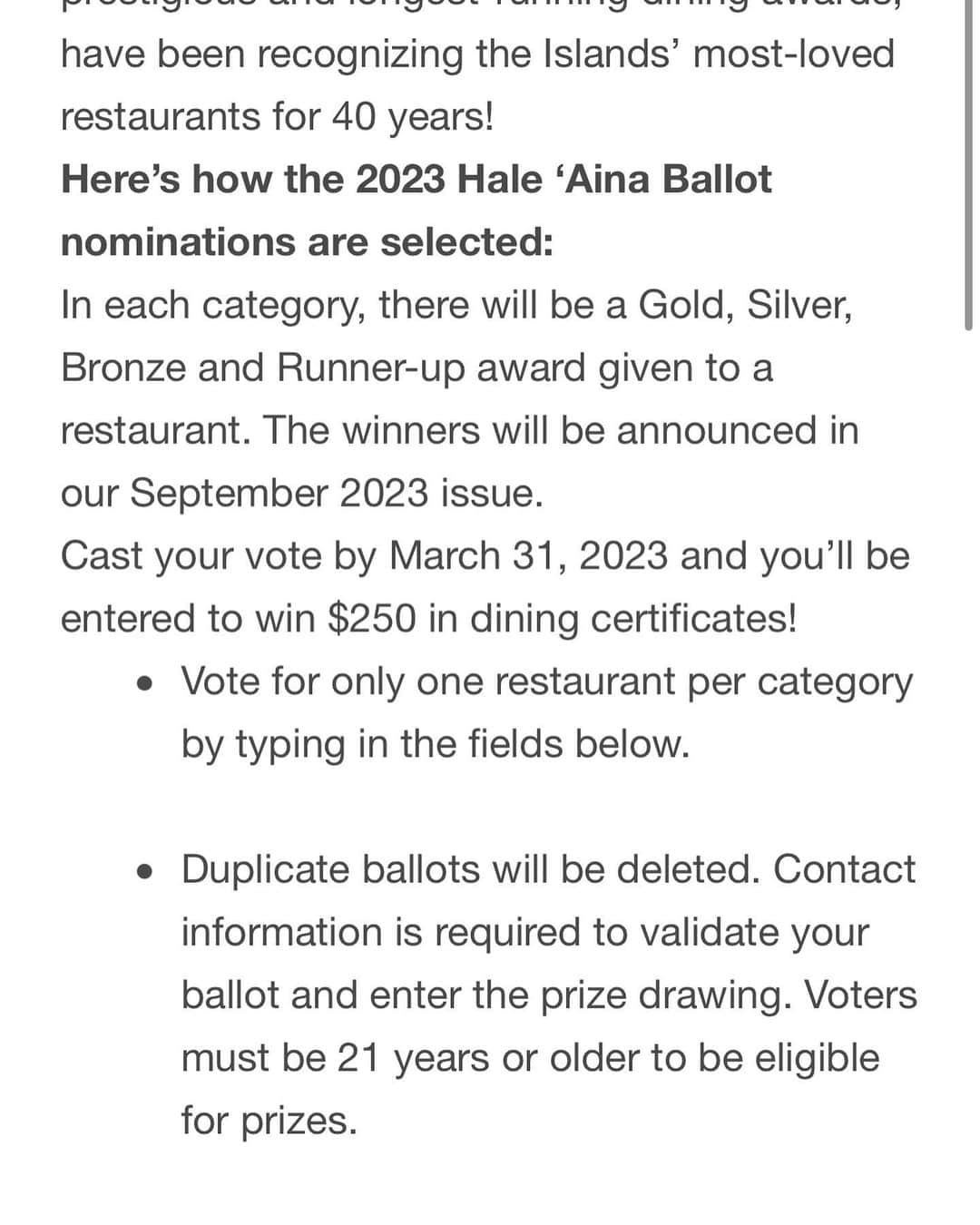 Peace Cafeさんのインスタグラム写真 - (Peace CafeInstagram)「Voting is now open for this year's Hale 'Aina Awards 23! Please vote for PeaceCafe as your favorite vegetarian restaurant. ❤️   🎯What a deal, if you vote by March 31, 2023, you'll be entered in a drawing to win a $250 dining voucher!🎉🍾  They ask that you vote for only one restaurant per category by filling out the fields below.  https://vote.honolulumagazine.com/  #haleainaawards #vote #hawaii #peace #vegan #honolulumagazine #awards #vegitarian #win #restaurants」3月21日 9時22分 - peacecafehawaii
