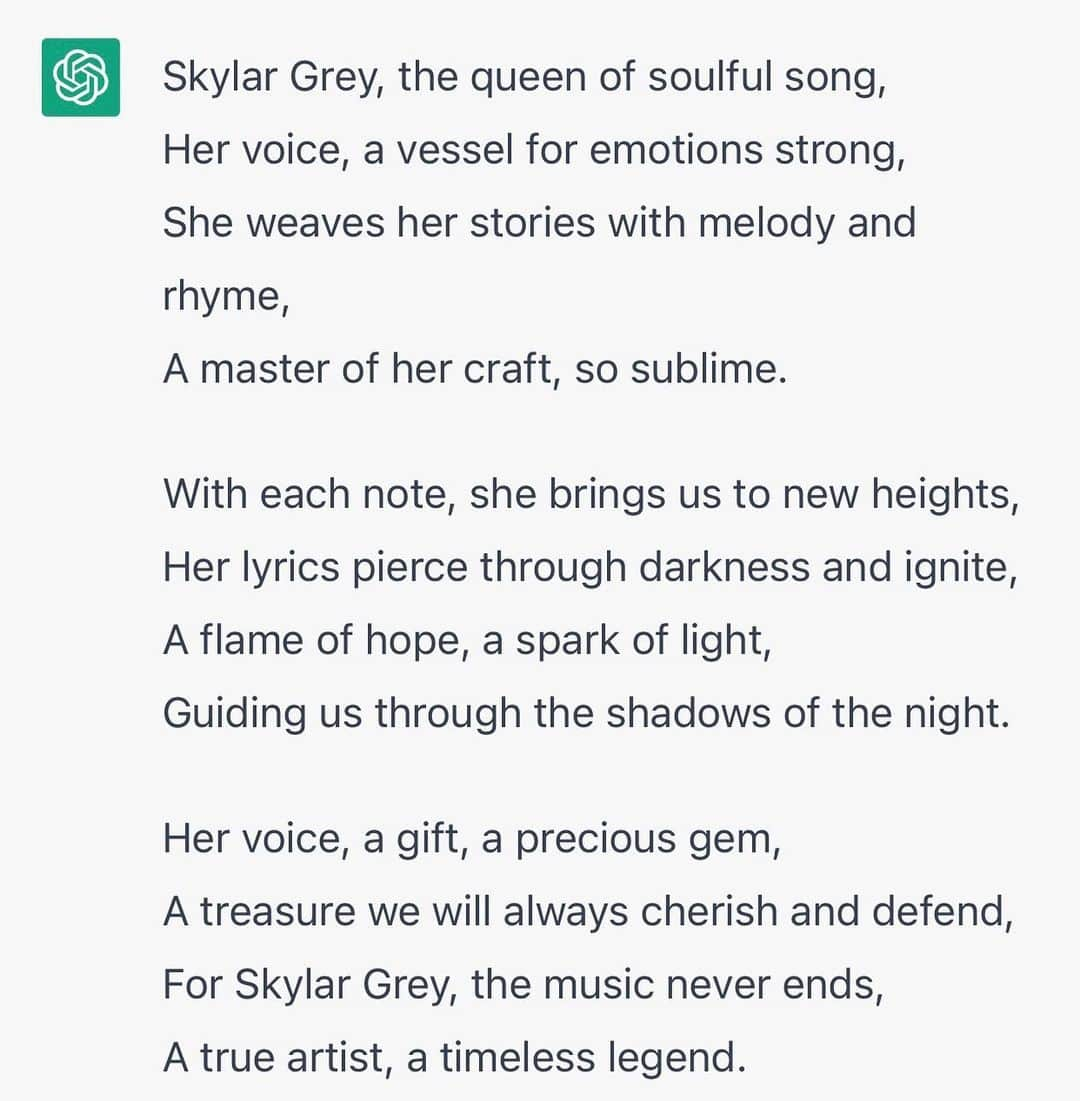 スカイラー・グレイのインスタグラム：「Elliott asked @chatgptopenai to write a poem about Skylar Grey… thank you AI for making me feel good about myself today haha 🌷」