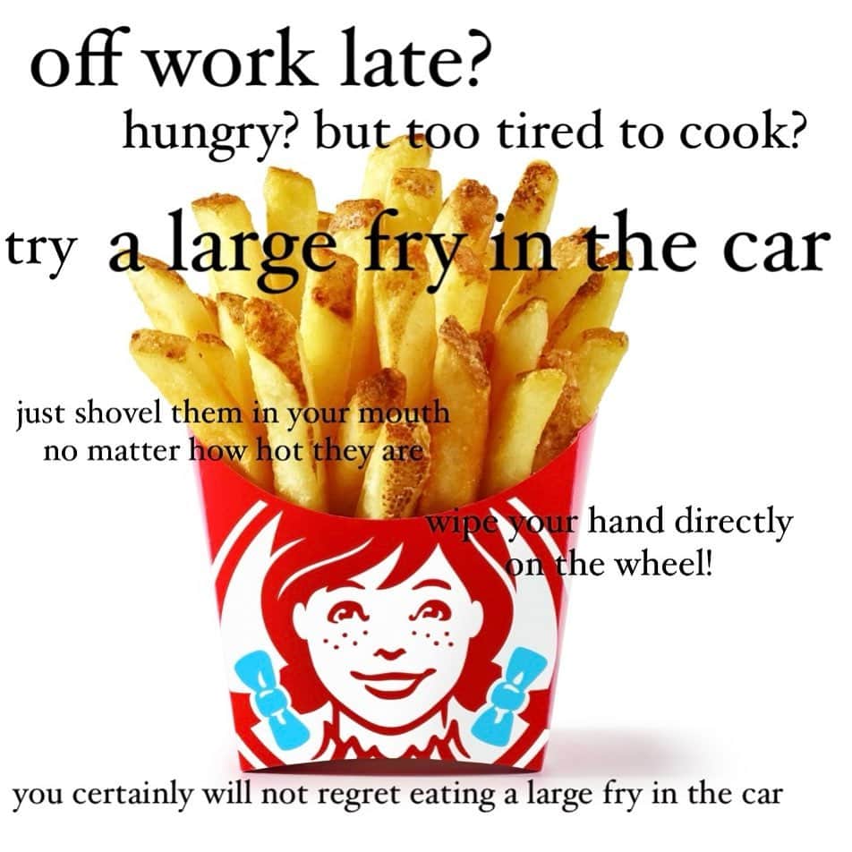 ウェンディーズのインスタグラム：「Everyone’s favorite dinner is always a large fry in the car.」