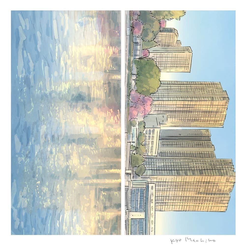 のインスタグラム：「Lying on a bench looking across the river, March 17, 2023 / 2023年3月17日、ベンチに寝そべって対岸を眺めている  #今日マチ子 #kyomachiko #今日町子 #対岸 #acrosstheriver」