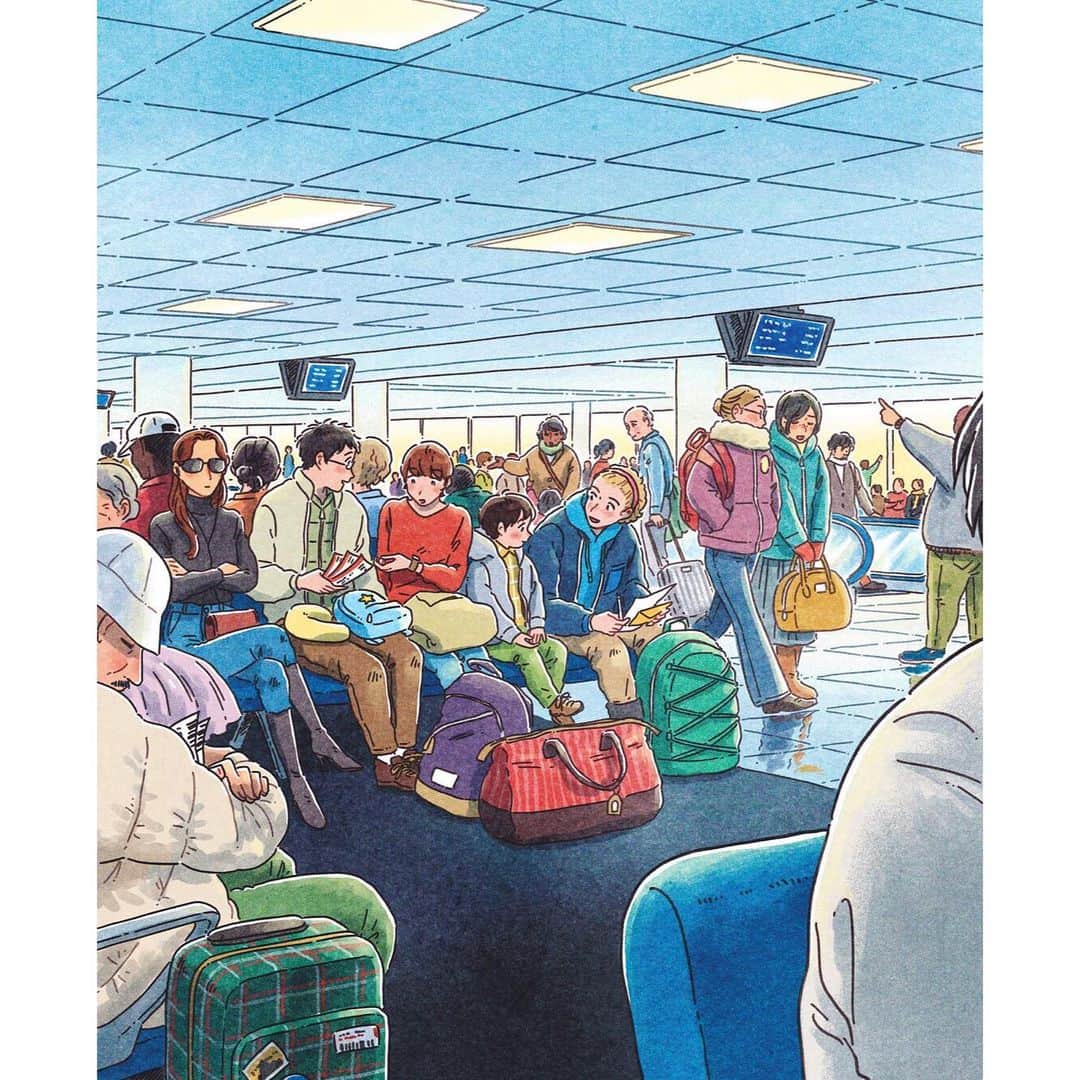 かわいちひろのインスタグラム：「空港で出来た小さな友達 . . 今年のカレンダー1月の絵でした。 去年のカレンダーとも繋がりがあるので一緒に載せときます . #illustration #illustrator #かわいちひろ #イラスト #イラストレーション」