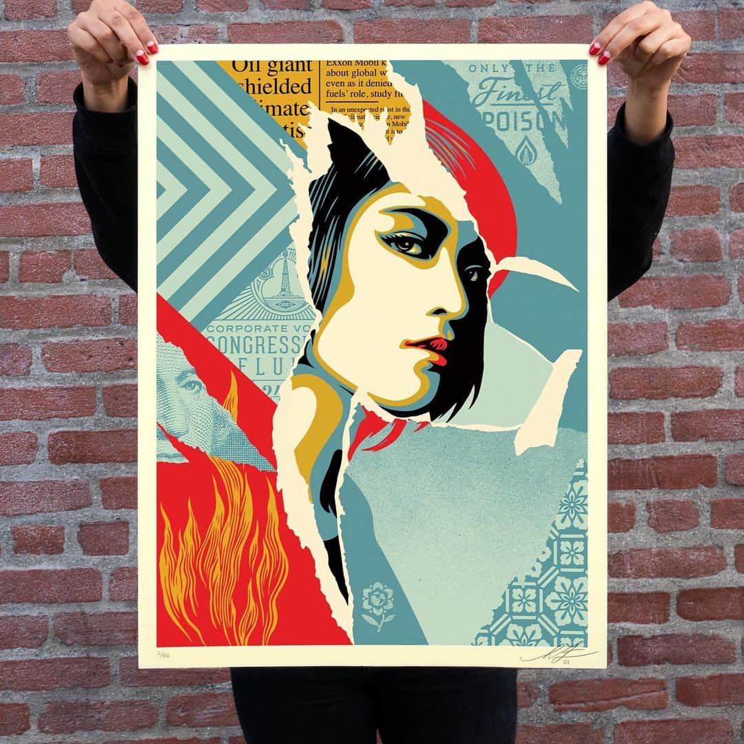 Shepard Faireyのインスタグラム：「NEW Print Release: "Only the Finest Poison" Available Thursday, 3/23 @ 10 AM PDT  This "Only the Finest Poison" print is a critique of the many methods the oil industries use to maintain business as usual, including deceptive marketing, bribing politicians, discrediting science, and concealing the truth. The news clipping included in the piece is a portion of an article revealing that ExxonMobile has known, based on their internal scientific research, for over 40 years that burning fossil fuels is warming the planet. Yet, they hid the research and publicly denied the impact of fossil fuels on climate change. It is challenging to break through the formidable layers of deterrence put in place by the powerful corporations who put profits before people and the planet, but breaking through is essential to a healthy future. A portion of proceeds from this print will benefit Greenpeace USA to support their work to fight climate change. Thanks for caring. The speckletone paper used in this print is composed of recycled material. –Shepard  PRINT DETAILS: Only the Finest Poison. 18 x 24 inches. Screen print on thick cream Speckletone paper. Signed by Shepard Fairey. Numbered edition of 550. Comes with a Digital Certificate of Authenticity provided by Verisart. $60. Proceeds go to Greenpeace USA. Available on Thursday, March 23rd @ 10 AM PDT at https://store.obeygiant.com. Max order: 1 per customer/household. International customers are responsible for import fees due upon delivery (Except UK orders under $160).⁣ ALL SALES FINAL.」