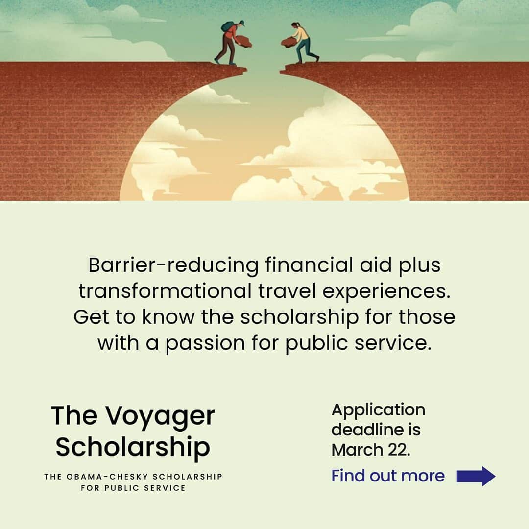 Barack Obamaさんのインスタグラム写真 - (Barack ObamaInstagram)「@BChesky, @MichelleObama, and I created The Voyager Scholarship to support young leaders looking to pursue careers in public service.  This scholarship gives college students up to $50,000 in financial aid to help them pay back student loans, provides meaningful travel experiences to expand their horizons, and connects them with a network of mentors and leaders they can turn to for support.  If you're a rising college junior in the United States, I hope you'll apply by this Wednesday, 3/22. Visit the link in my bio to get started.」3月22日 4時50分 - barackobama