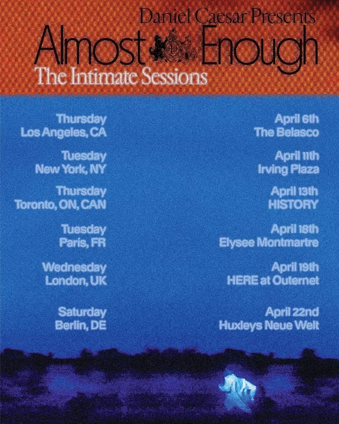 ダニエル・シーザーのインスタグラム：「Ok last thing.. After seeing the responses to “where should I go” I decided to have an intimate tour before the real tour kicks off. A chance for me to sing the album to a select few fans that have really been here since the beginning. Excited to connect with each and every one of you. So here it is… “Almost Enough: The Intimate Sessions” tour. Pre-sale for you guys starts this Thursday at 10am local with password: “NEVERENOUGH” 🙏   And for everyone else on-sale will be Friday at 10am local. Till then check the link in my bio. Never know what you might find」