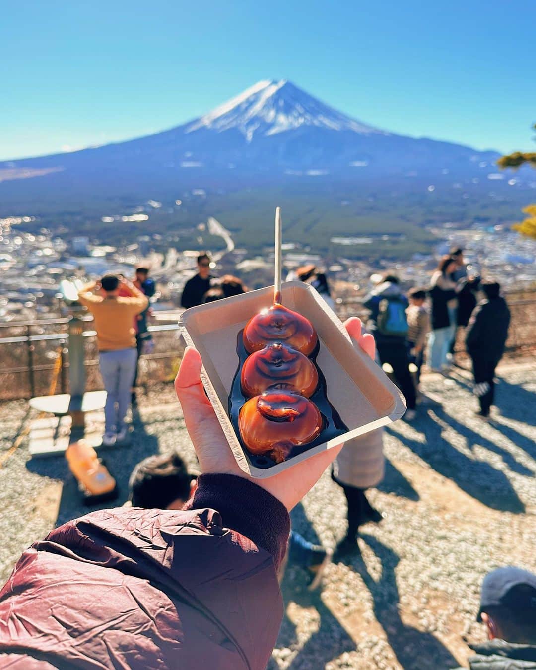 Girleatworldのインスタグラム：「A sweet and savory dango at Kawaguchiko with the perfect view of Mount Fuji! Fuji Five Lakes area is a must visit when you're in Japan. I wrote a blog post of my trip and how you can plan your trip to Fuji Five Lakes. Check it out on the link in my profile above ⬆️」