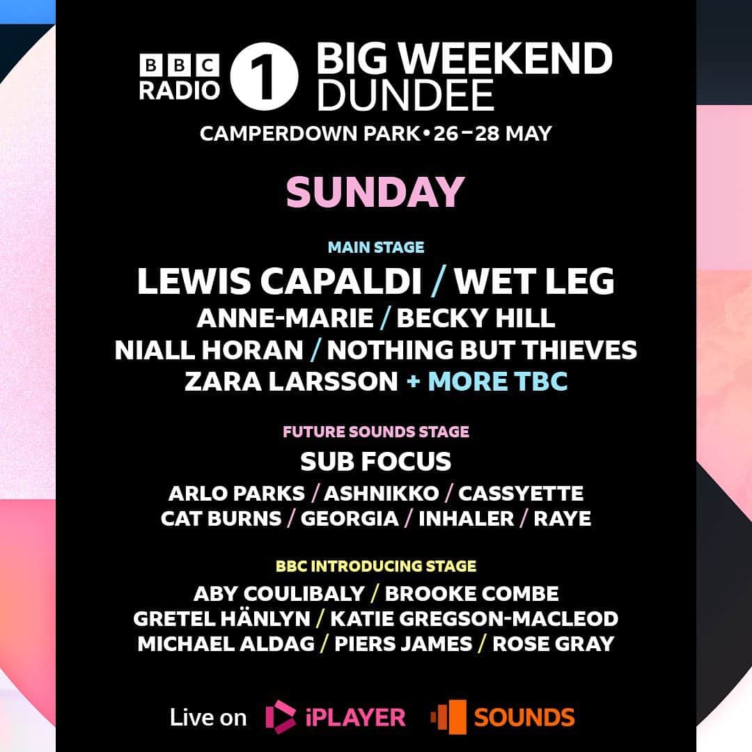 BBC Radioさんのインスタグラム写真 - (BBC RadioInstagram)「Here's your Sunday #BigWeekend lineup ✨  The main stage will be kicked off on Sunday by our opening headliners @wetlegband, and closed by @lewiscapaldi 🫶  Tickets go on sale this Friday 24th March at 8:30AM. For more info, click the link in bio 🔗」3月22日 18時03分 - bbcradio1