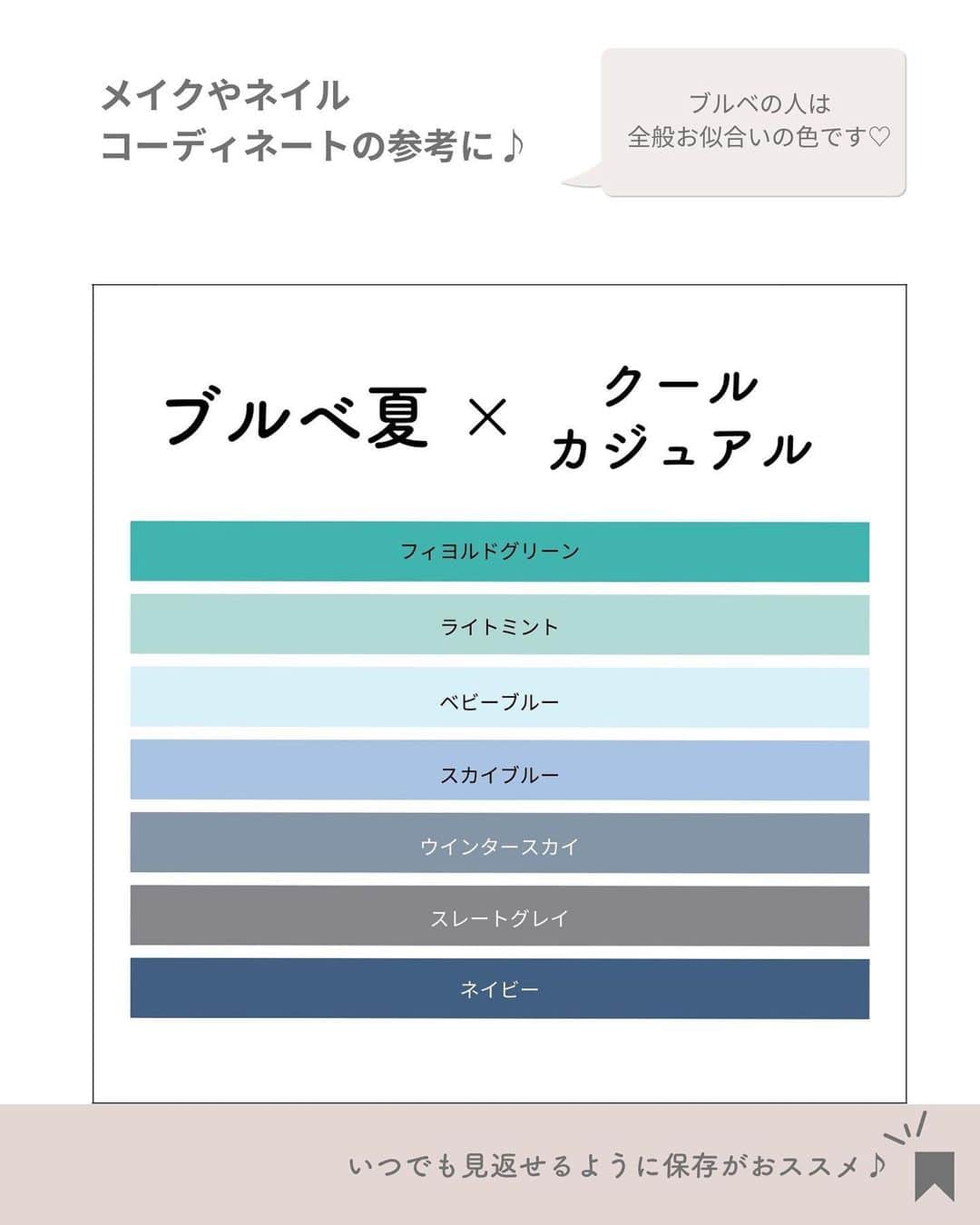 山本裕美さんのインスタグラム写真 - (山本裕美Instagram)「. 診断後のお客様から 色に関しての質問がとても多いので 「パーソナルカラー×顔タイプ」を 私なりにまとめております😊 ⁡ ⁡ ／ ブルベ夏(Summer) 　× 顔タイプクールカジュアル ＼ ⁡ ⁡ カジュアルでスタイリッシュな雰囲気が似合う #顔タイプクールカジュアル さんは モノトーンやブルー系の格好いい色が とても良く似合います。 ⁡ Summerは彩度が弱め(ソフトな色)がお似合いですが 顔タイプが格好いいスタイリッシュな雰囲気が お似合いですのでWinter寄せの色も🙆‍♀️ ⁡ コントラストをきかせた色もお似合いですので 後日投稿予定のブルベ冬(Ｗinter)もぜひ参考にしてくださいね☺️ ⁡ ⁡ 人によって優先度合いが違ったり 全ての人が当てはまる訳ではありませんが 参考になれば嬉しいです♫ ⁡ ----- ⁡ ✨人生の節目に一生モノの自分軸を✨ ⁡ 各種診断・講座の詳細は プロフィール欄のURLよりMENUをご覧ください。 @hiromi_yamamoto_mc ⁡ ⁡ ✍️顔タイプ診断®︎や骨格診断ができる プロ養成講座も開講中✨ ⁡ 【顔タイプ診断®︎１級認定講座】 2023年4/16(日) 10:00〜17:00 2023年4/23(日) 10:00〜17:00 の2日間 or 2023年5/15(月) 10:00〜17:00 2023年 5/16(火) 10:00〜17:00 ⁡ ⁡ 【骨格診断アドバイザー養成講座】 2023年 5/27(土) 10:00〜17:00 2023年 5/28(日) 10:00〜17:00  の2日間 ⁡ お申し込み・お問い合わせはお気軽にDMくださいね☺️📩 ⁡ ⁡ ------------------- #ブルベ #ブルベ夏 #顔タイプ診断　 #パーソナルカラーサマー #ブルベメイク #パーソナルカラー診断大阪 #顔タイプ #パーソナルカラーネイル  #パーソナルカラーSummer #ブルベ夏 #クールサマー #クールウインター #顔タイプ診断大阪  #ブルベネイル #顔タイプクールカジュアル #パーソナルカラー夏 #16タイプパーソナルカラー診断大阪 #顔タイプ診断クールカジュアル #パーソナルカラー診断心斎橋　 #顔タイプ診断心斎橋　 ⁡ ⁡ ⁡ ⁡ ⁡ ⁡」3月22日 20時52分 - hiromi_yamamoto_mc