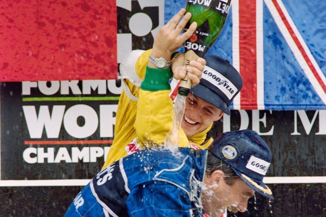 ミハエル・シューマッハのインスタグラム：「Michael in yellow. First F1 podium #OTD, 22 March 1992. 154 podium finishes to follow.   @nigelmansell @riccardopatreseofficial  #GPMexico Pics: GERARDO MAGALLON / AFP」