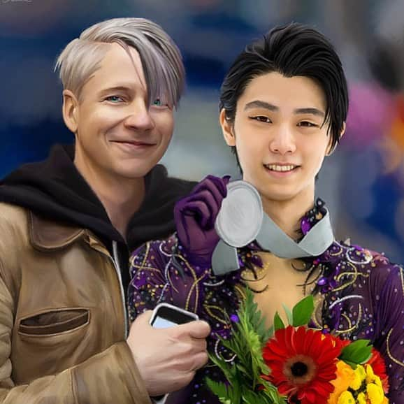 ジョン・キャメロン・ミッチェルのインスタグラム：「How dare somebody create a deepfake AI cuddle between me and the greatest and cutest skater today #yuzuruhanju? As if to parallel Japanese anime series, #YuriOnIce with characters kinda based on us. Im outraged! (But he is adorable. ) #viktornikiforov」