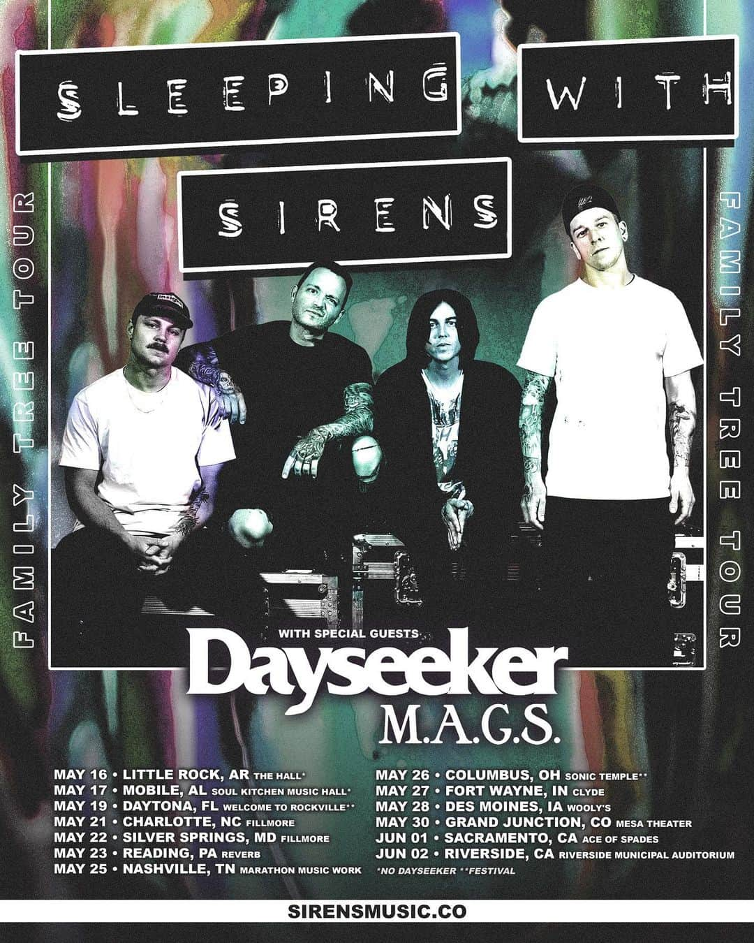 スリーピング・ウィズ・サイレンスのインスタグラム：「Here we go 🔥 The FAMILY TREE TOUR hits the US this Spring with @Dayseeker and @Elliott_MAGS, May 16 - June 2!   Grab tickets & VIP packages now at sirensmusic.co!」