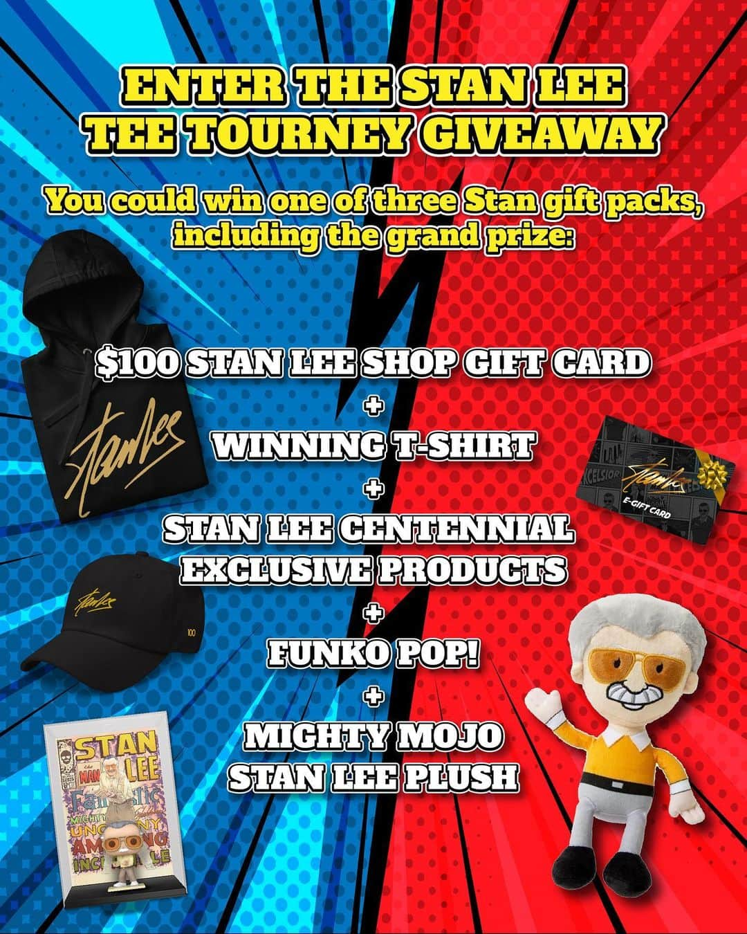 スタン・リーのインスタグラム：「GIVEAWAY TIME❗️  Celebrate Stan’s centennial year in style! Enter to win one of three terrific Stan prize packs, all of which include exclusive items, a gift card, and more. 🎁  Tap the link in stories to enter or visit: bit.ly/SLTeeTourneyGiveaway  This giveaway coincides with our Tee Tourney! Swipe for the beginning bracket and head to @excelsiorbystan stories to vote on your favorite tees every other day AND get a sneak peek at potential new designs. The winner will be crowned April 3!   *Giveaway open to those 18 & older with a US mailing address. This giveaway is not sponsored, endorsed, or administered by Instagram. Rules and conditions apply.  #StanLee #MarchMadness」