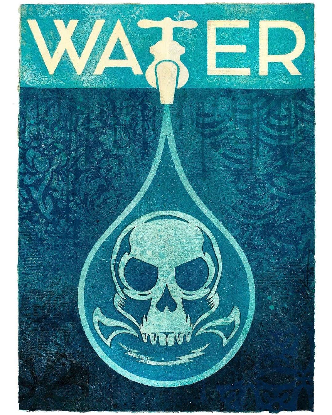 Shepard Faireyのインスタグラム：「For #WorldWaterDay, I am sharing this piece I made in 2016 for my “Earth Crisis” show at @galerie_itinerrance in Paris. Clean water is a basic human right and a crucial component to the health of our planet. I believe we must prioritize the protection and preservation of our water resources for ourselves and future generations. –Shepard  WATER (STUDY) Paper : Mixed Media Painting Earth Crisis 15 1/4" x 20” 2016」