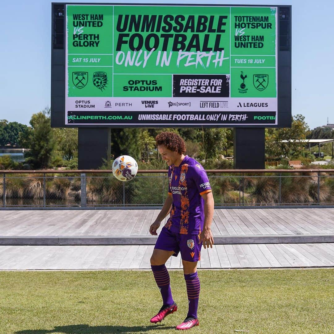 ムスタファ・アミニのインスタグラム：「Exciting news in Perth today…  Perth Glory Vs West Ham! 15th July 🏟🟣⚽️🔥」